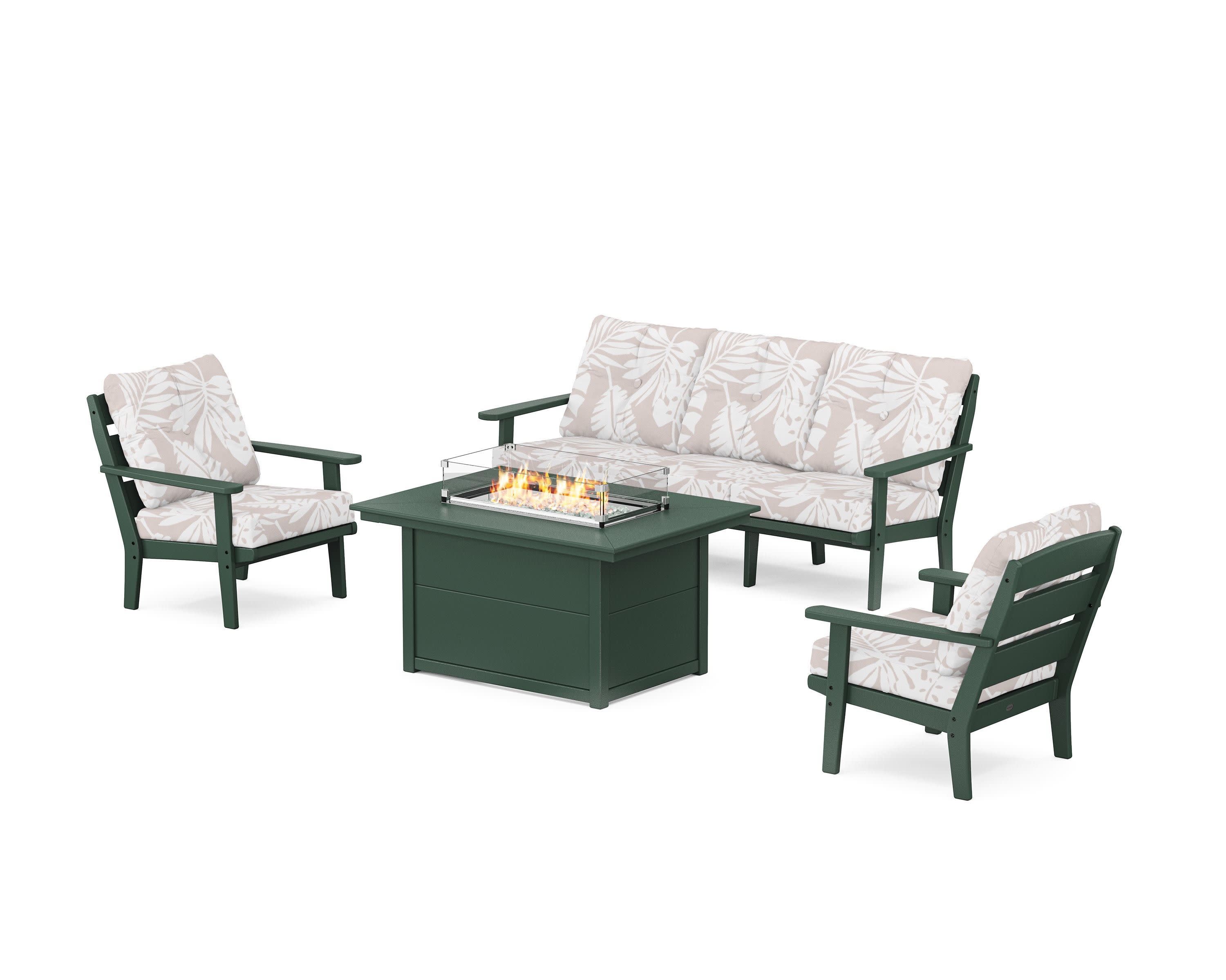Lakeside Deep Seating Fire Pit Table Set in Green / Leaf Dune Burlap