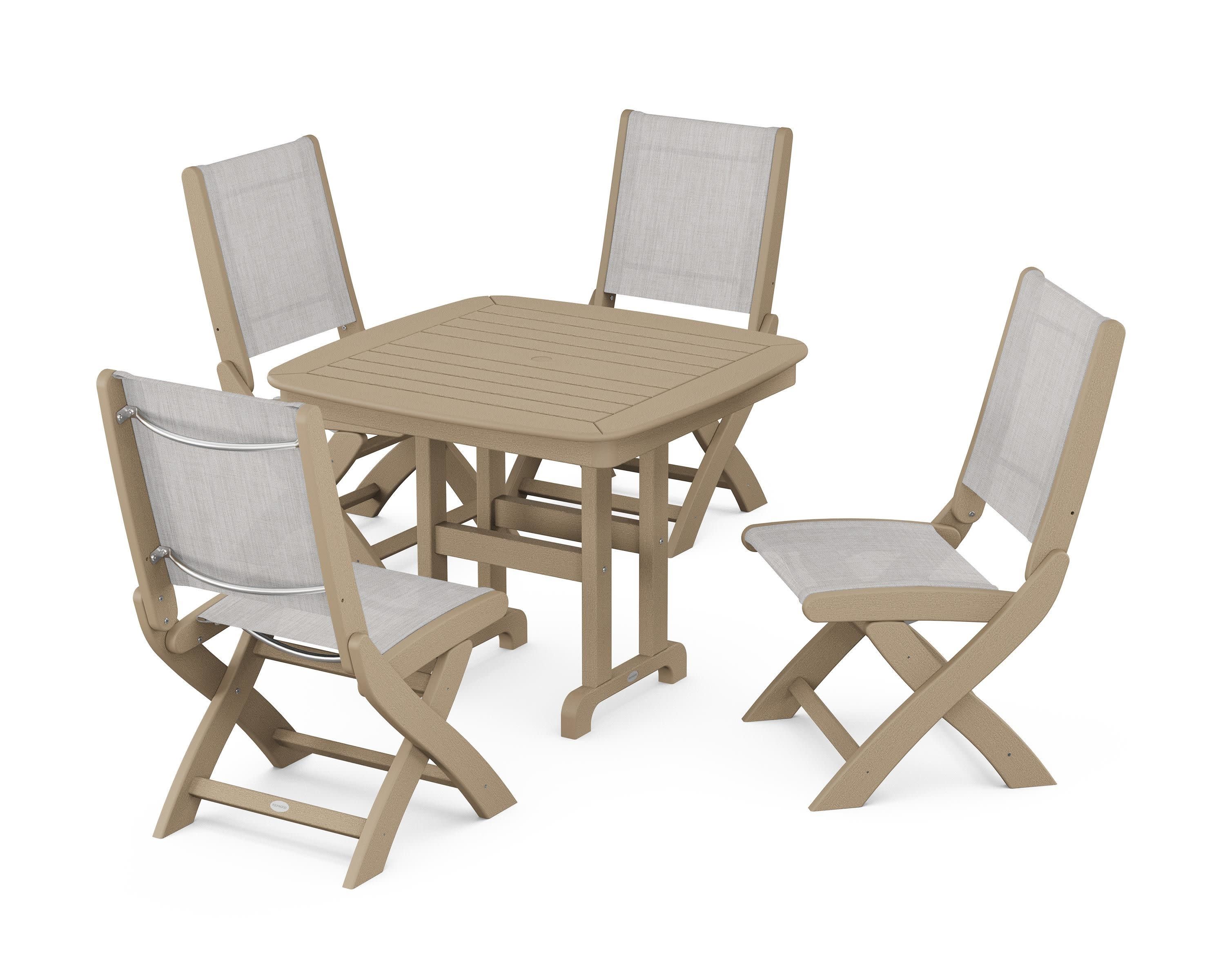 Coastal Folding Side Chair 5-Piece Dining Set in Vintage Sahara / Parchment Sling