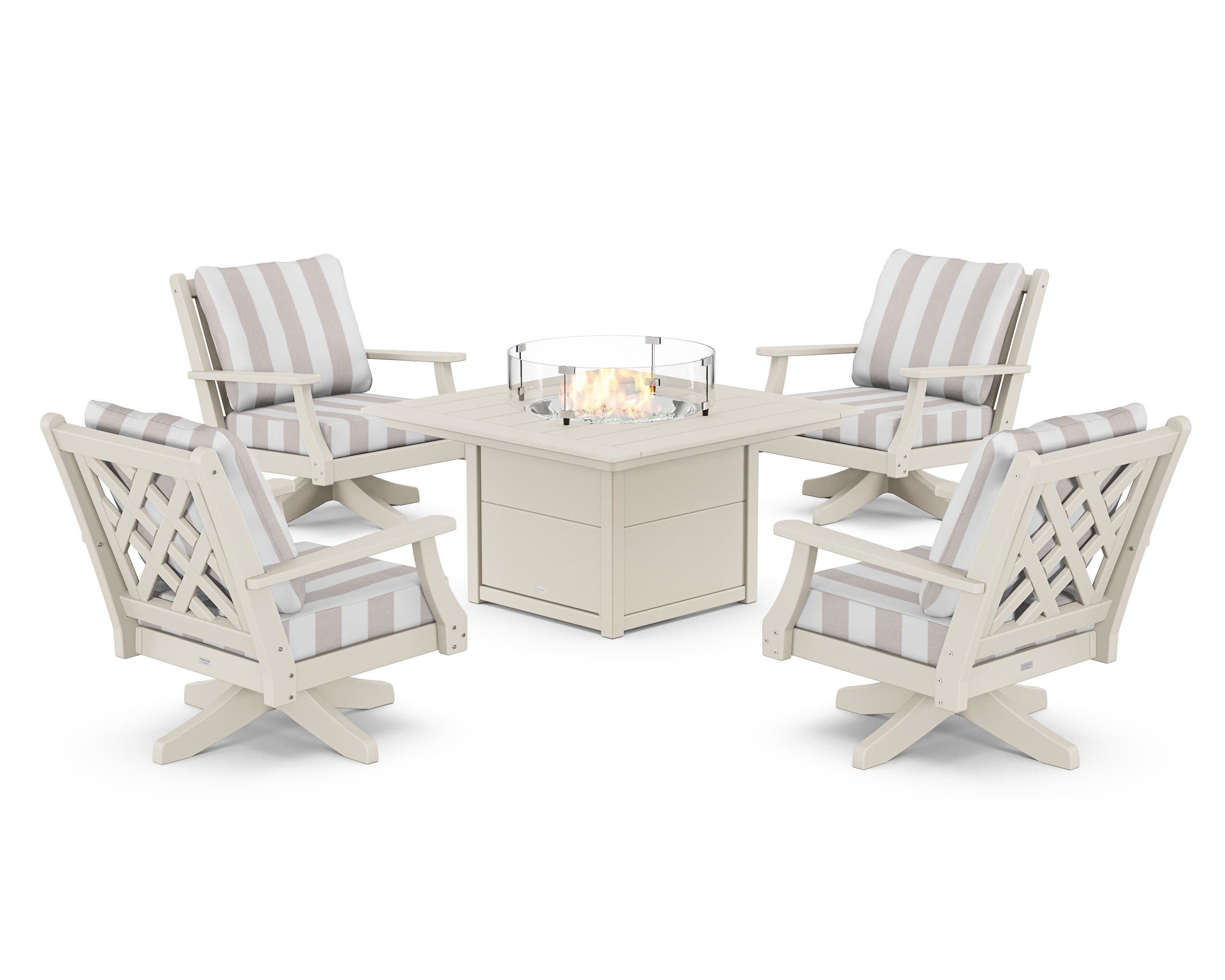 Wovendale 5-Piece Deep Seating Swivel Conversation Set with Fire Pit Table in Sand / Cabana Stripe Dune Burlap