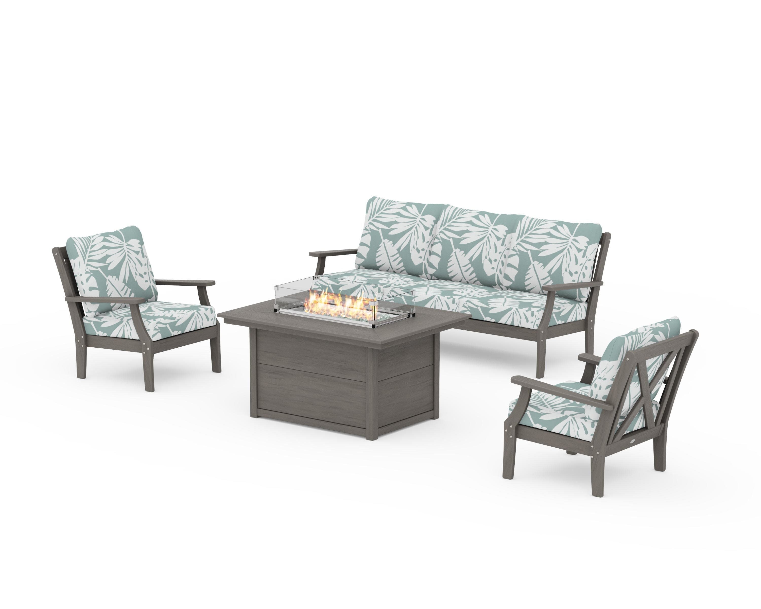 Braxton Deep Seating Fire Pit Table Set in Driftwood / Leaf Glacier Spa