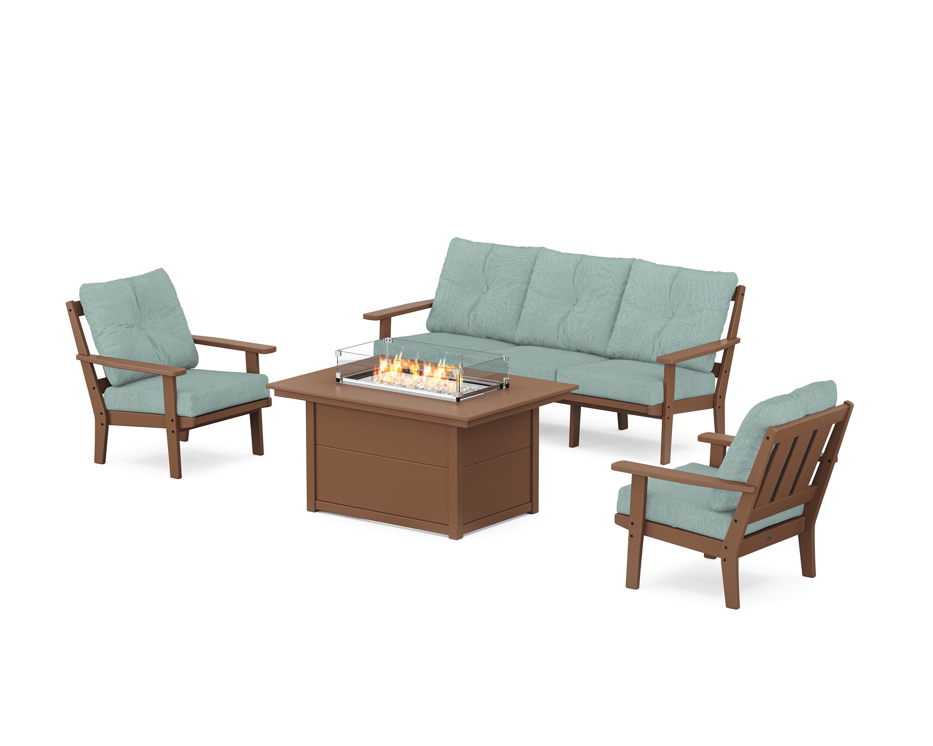 Oxford Deep Seating Fire Pit Table Set in Teak / Glacier Spa