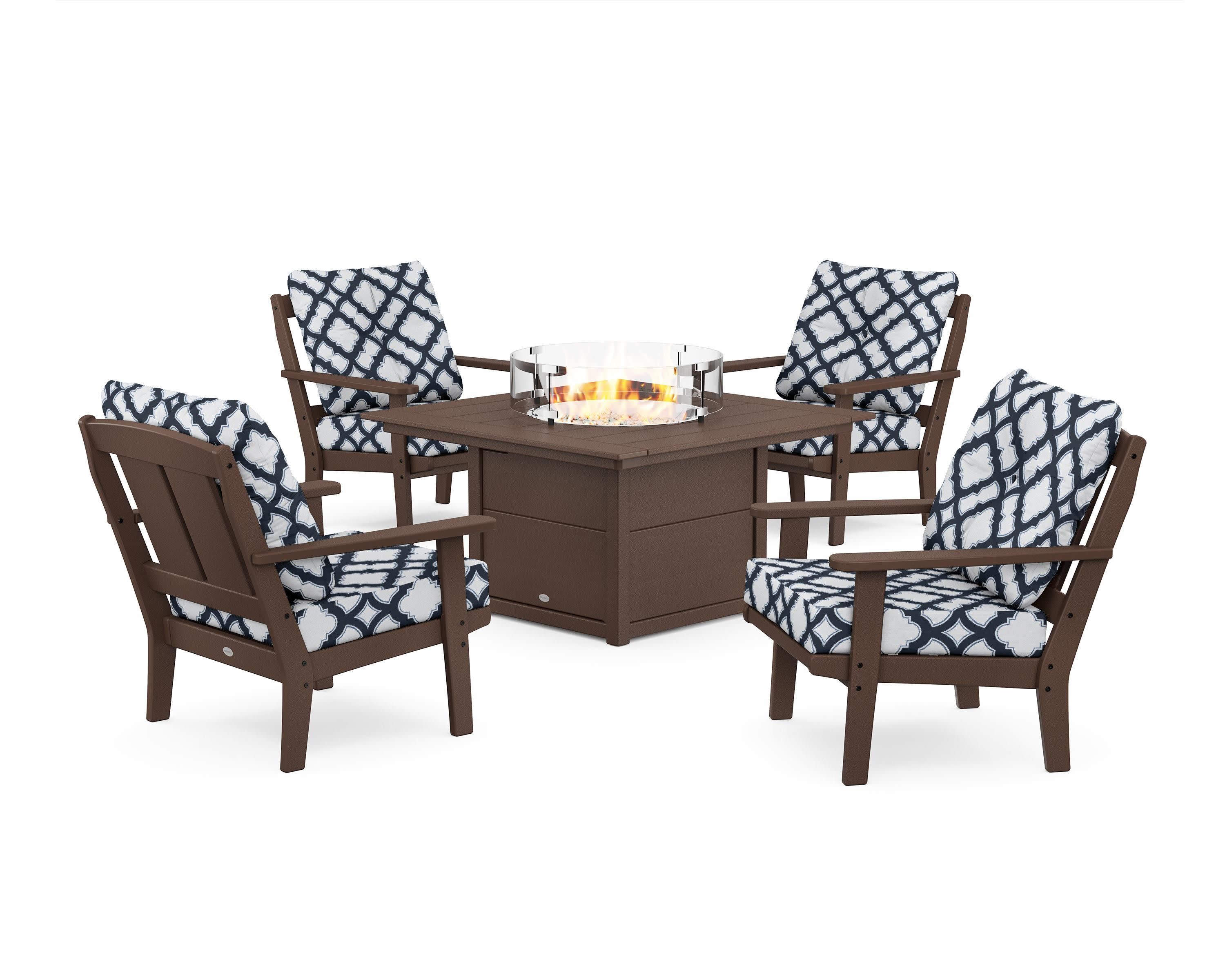 Mission 5-Piece Deep Seating Set with Fire Pit Table in Mahogany / Trellis Marine Indigo