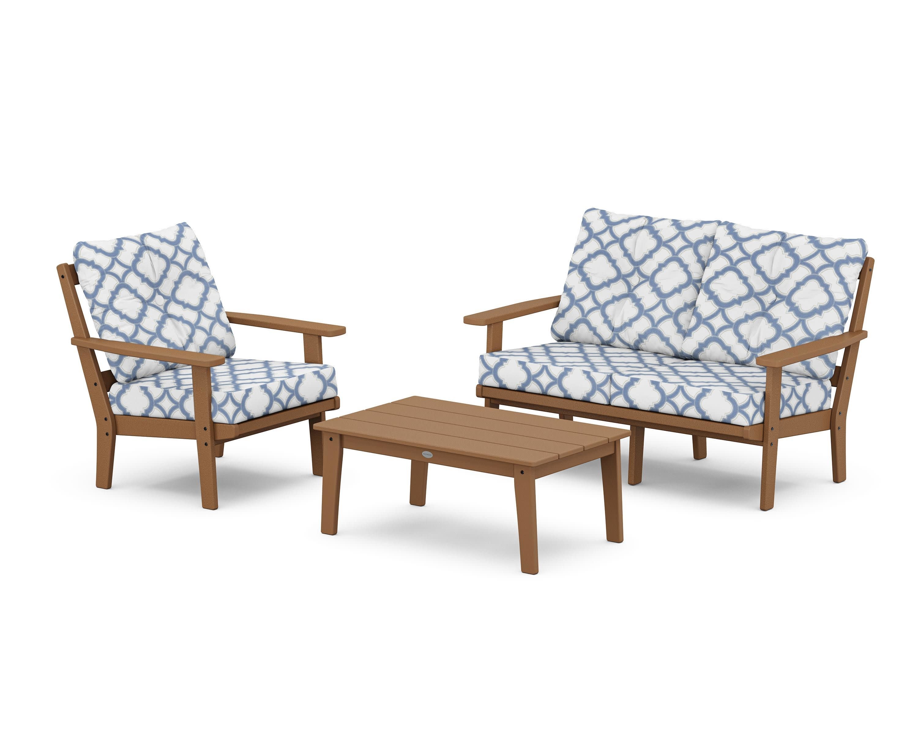 Oxford 3-Piece Deep Seating Set with Loveseat in Teak / Trellis Sky Blue