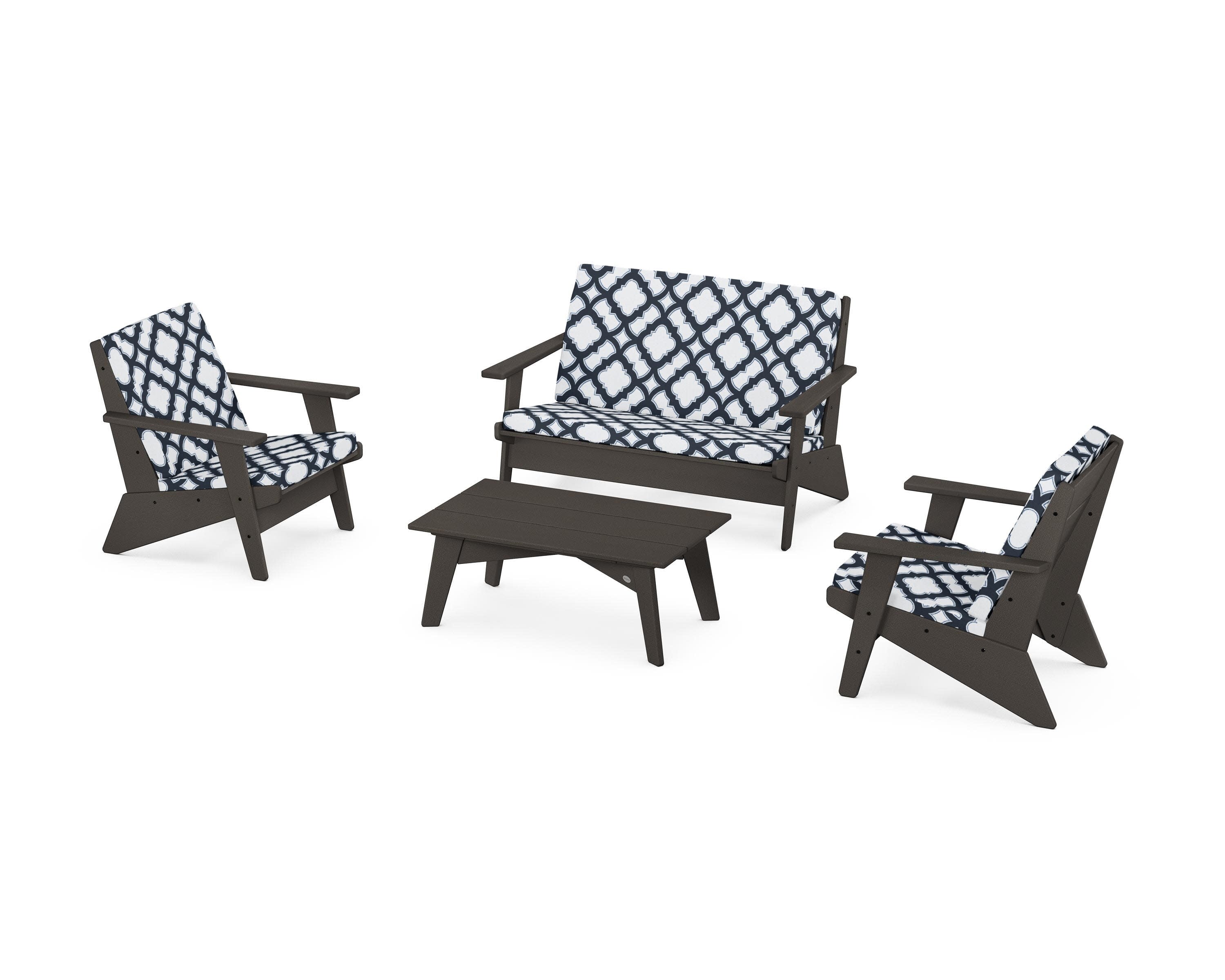 Riviera Modern Lounge 4-Piece Set in Vintage Coffee / Trellis Marine Indigo