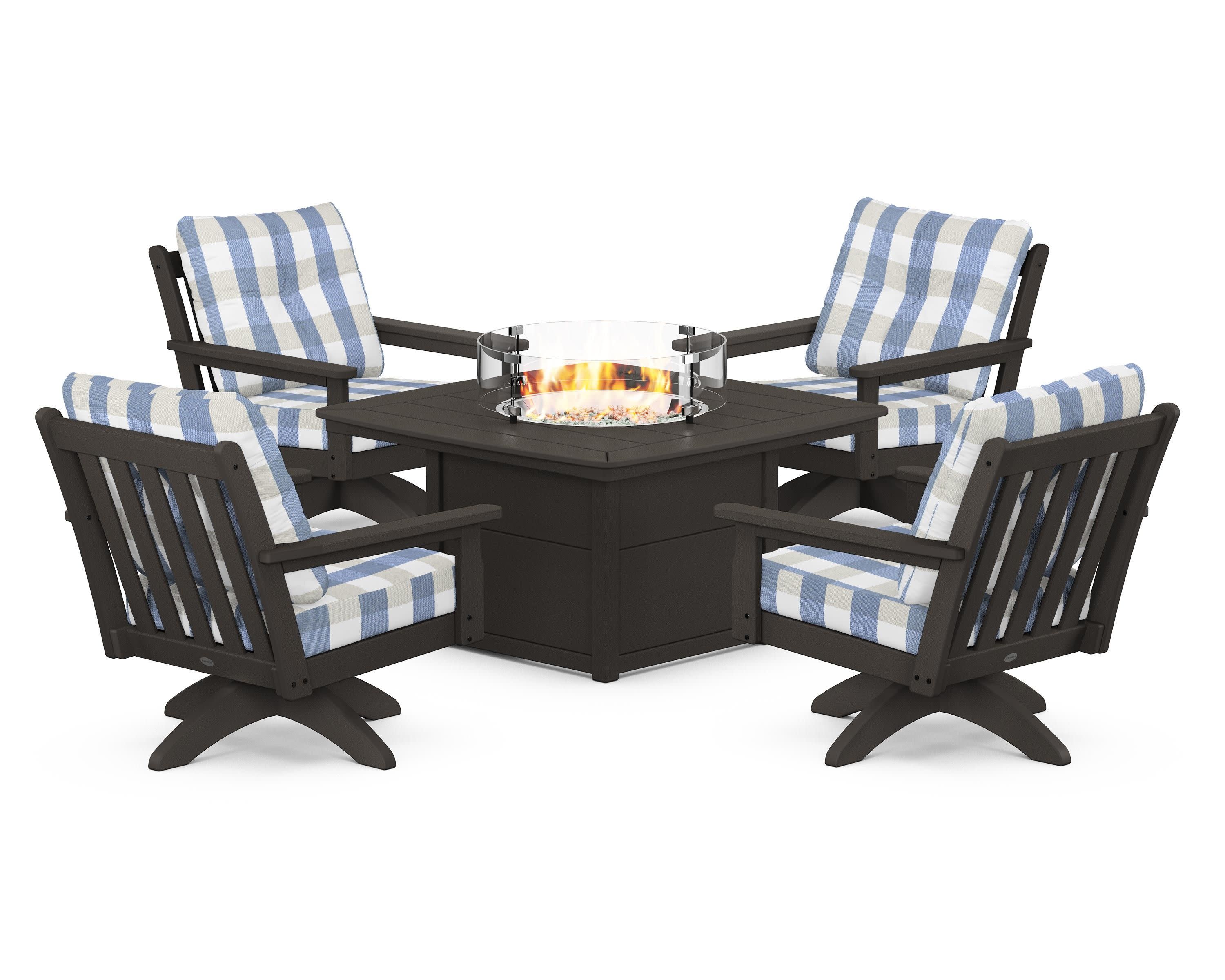 Vineyard 5-Piece Deep Seating Swivel Conversation Set with Fire Pit Table in Vintage Coffee / Buffalo Plaid Sky Blue