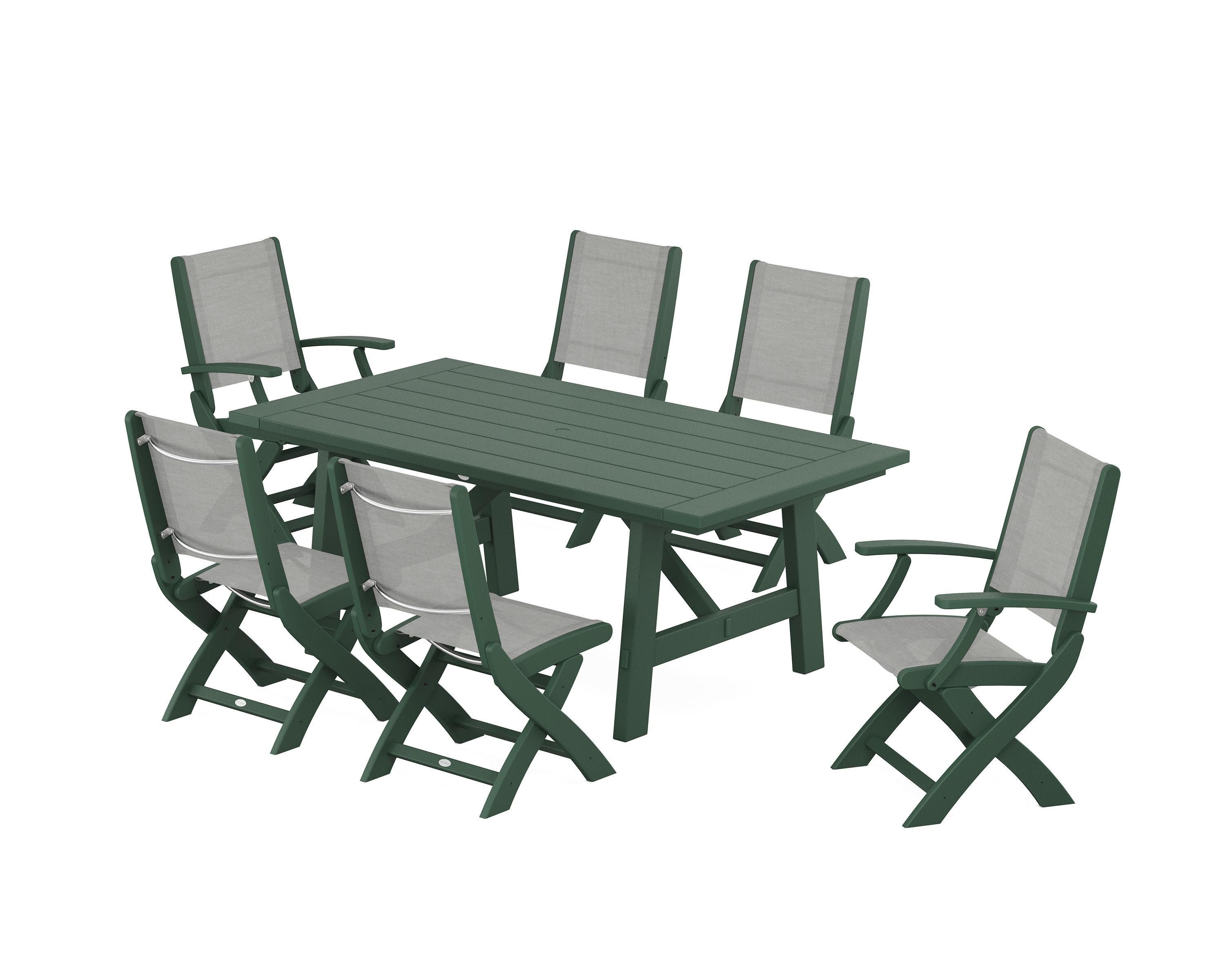 Coastal Folding Chair 7-Piece Rustic Farmhouse Dining Set in Green / Metallic Sling