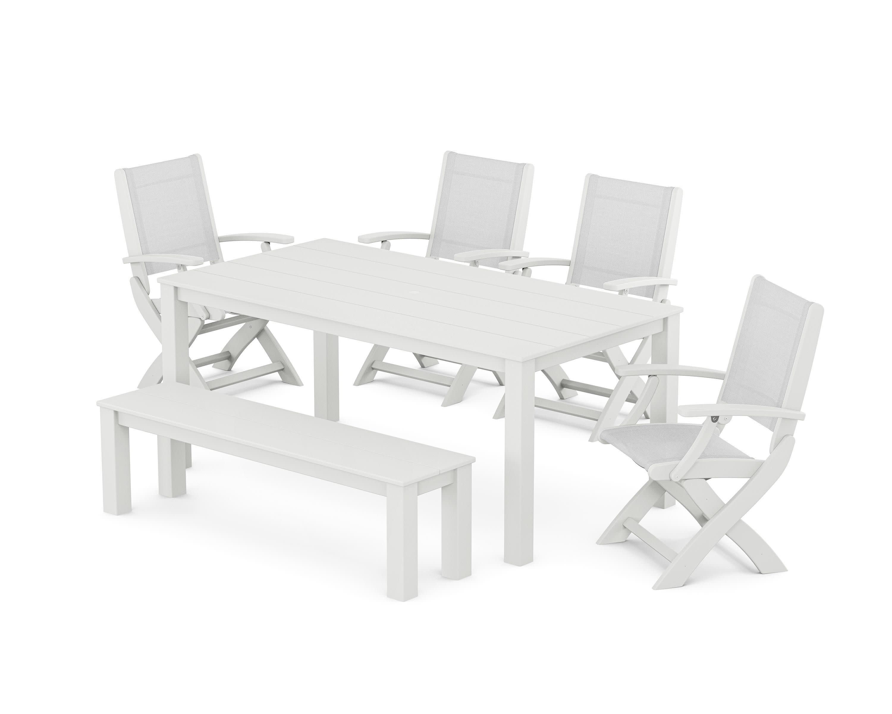 Coastal Folding Chair 6-Piece Parsons Dining Set with Bench in White / White Sling