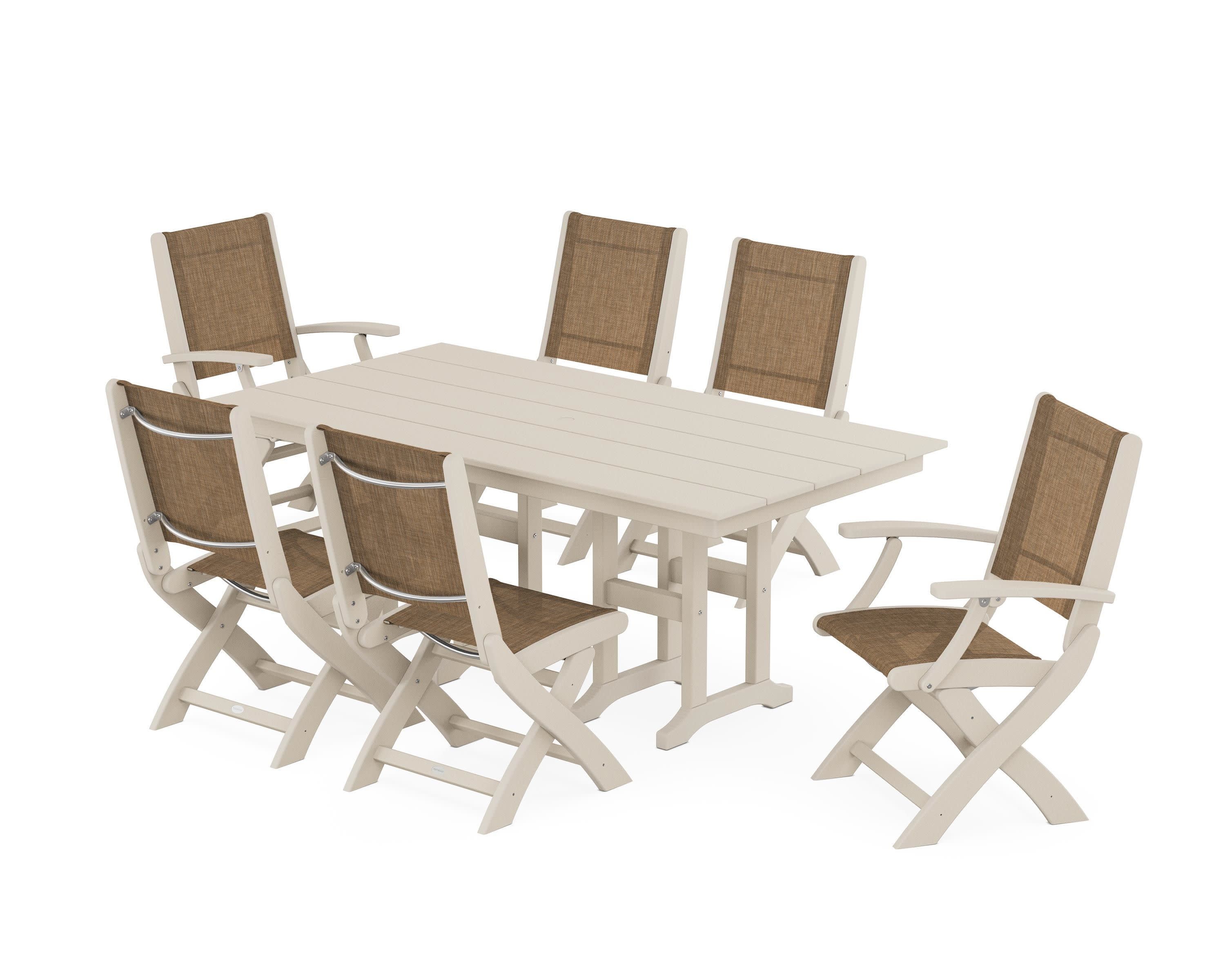 Coastal Folding Chair 7-Piece Farmhouse Dining Set in Sand / Burlap Sling