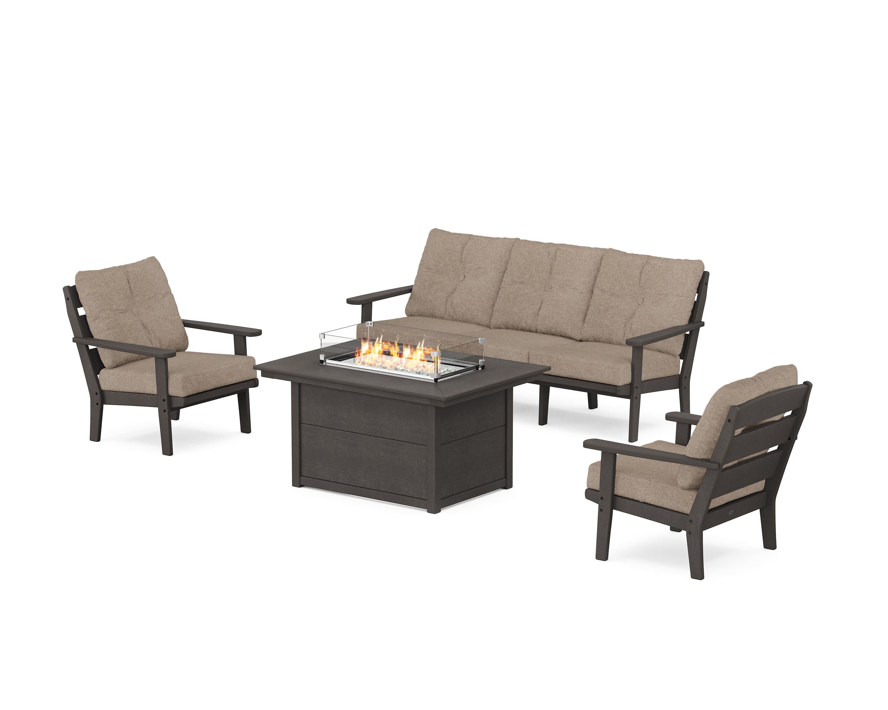 Lakeside Deep Seating Fire Pit Table Set in Vintage Coffee / Spiced Burlap