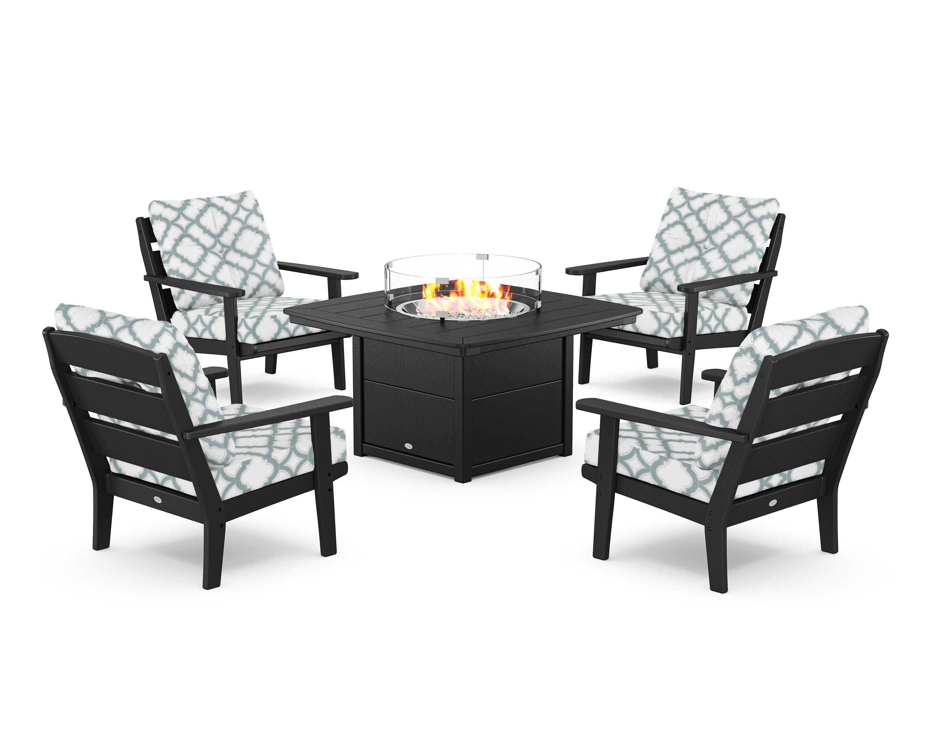 Lakeside 5-Piece Deep Seating Set with Nautical Fire Pit Table in Black / Trellis Glacier Spa