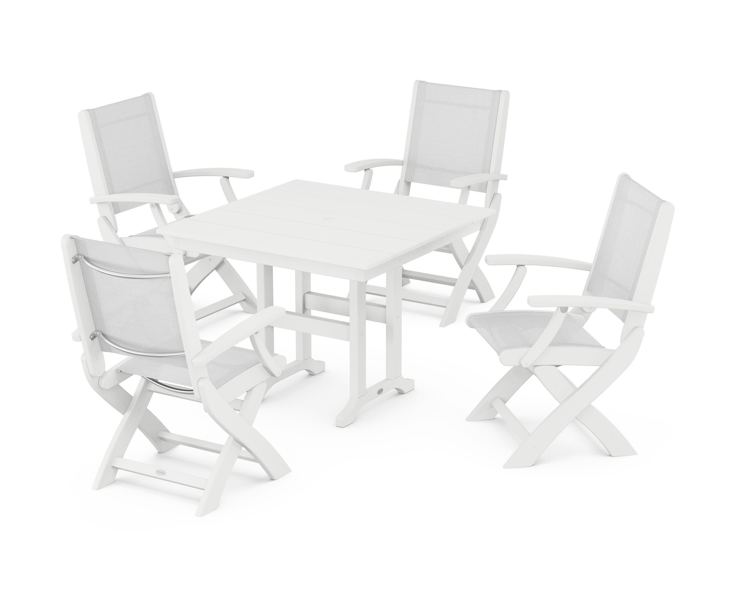Coastal Folding Chair 5-Piece Farmhouse Dining Set in White / White Sling