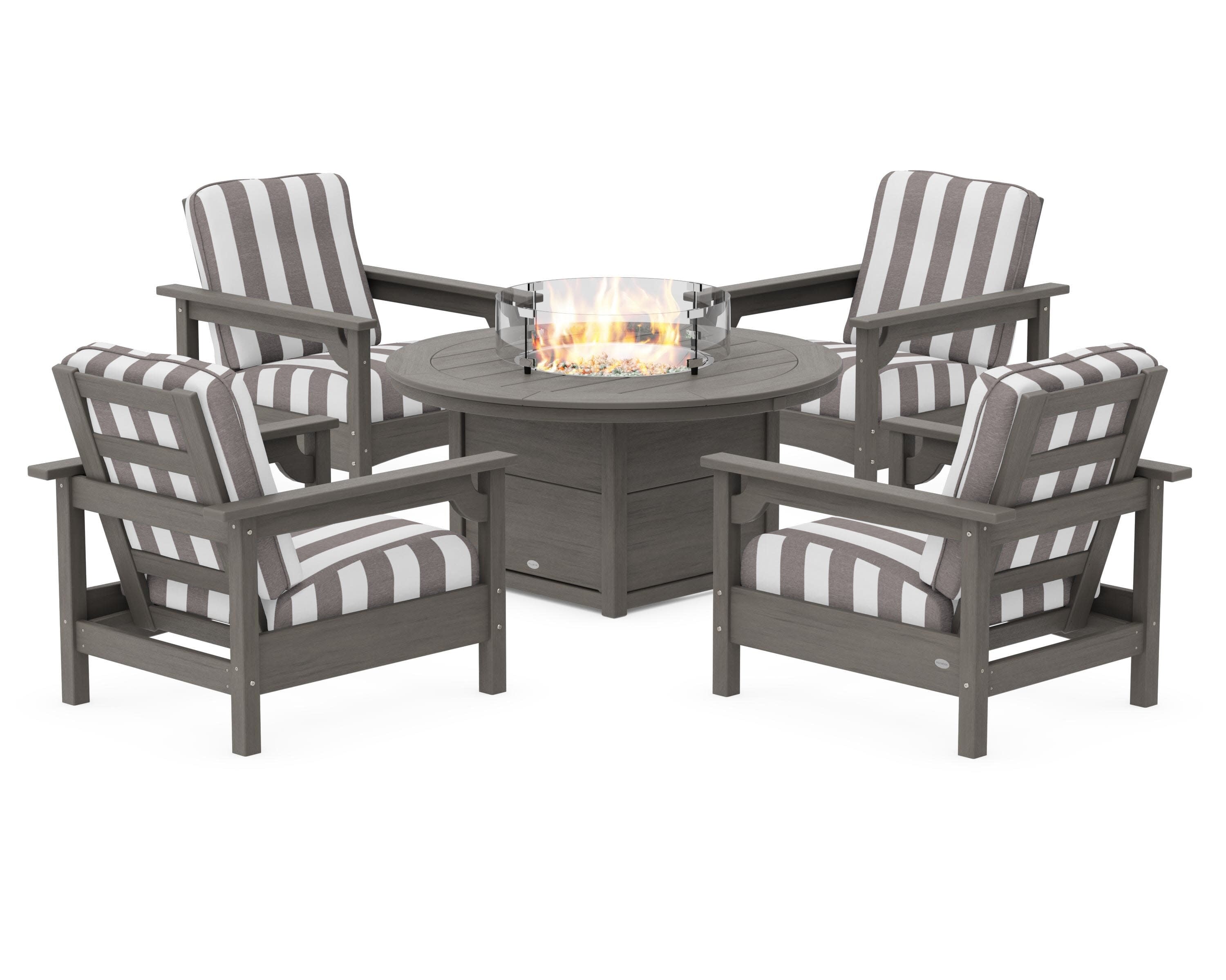 Club 5-Piece Conversation Set with Fire Pit Table in Driftwood / Cabana Stripe Grey Mist