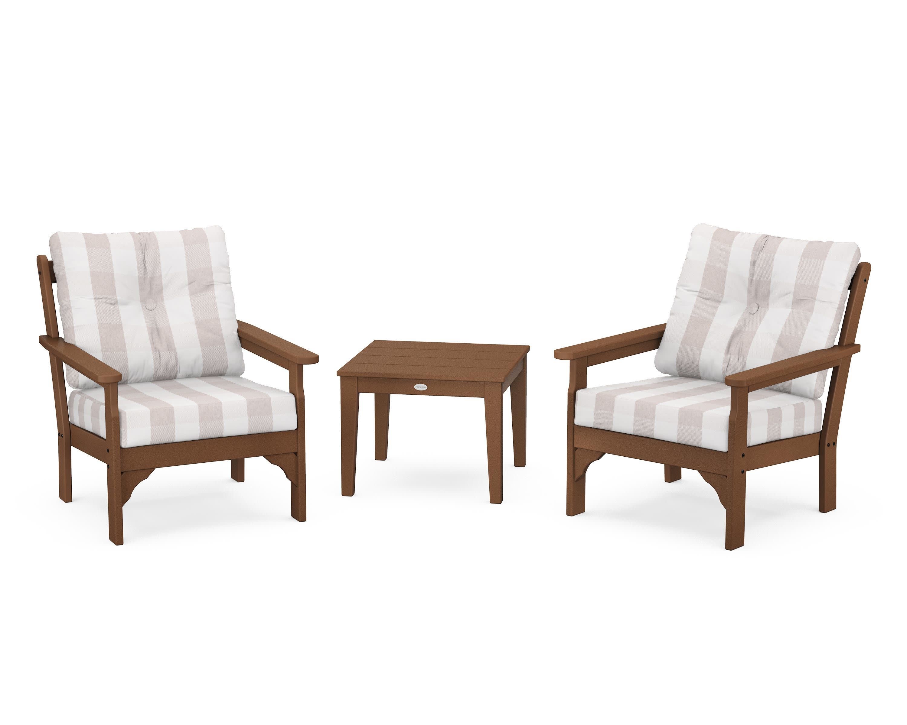 Vineyard 3-Piece Deep Seating Set in Teak / Buffalo Plaid Dune Burlap