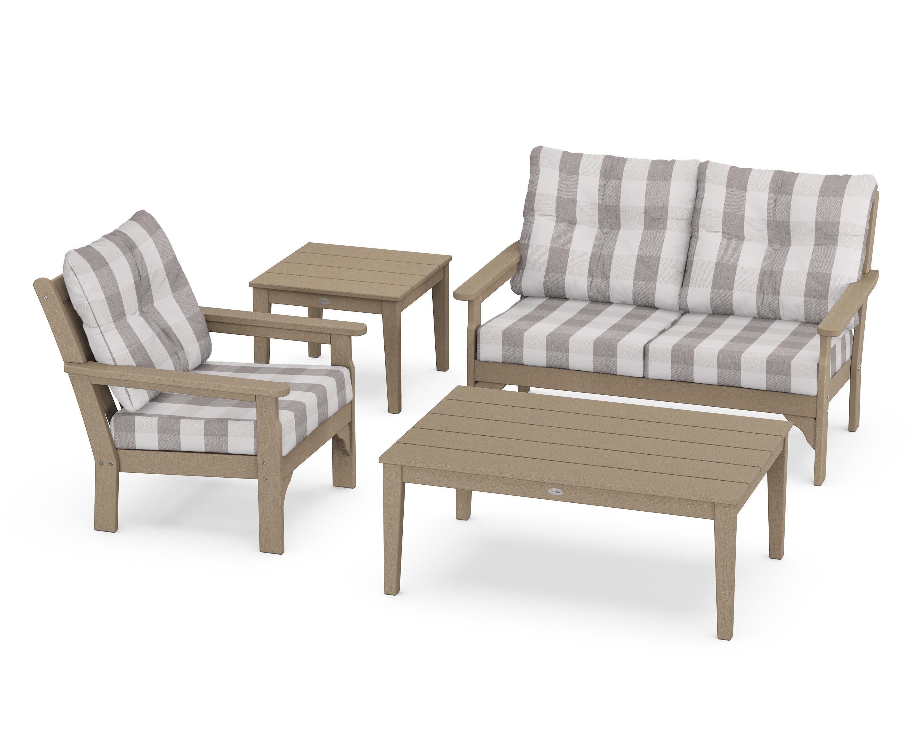 Vineyard 4-Piece Deep Seating Set in Vintage Sahara / Buffalo Plaid Grey Mist
