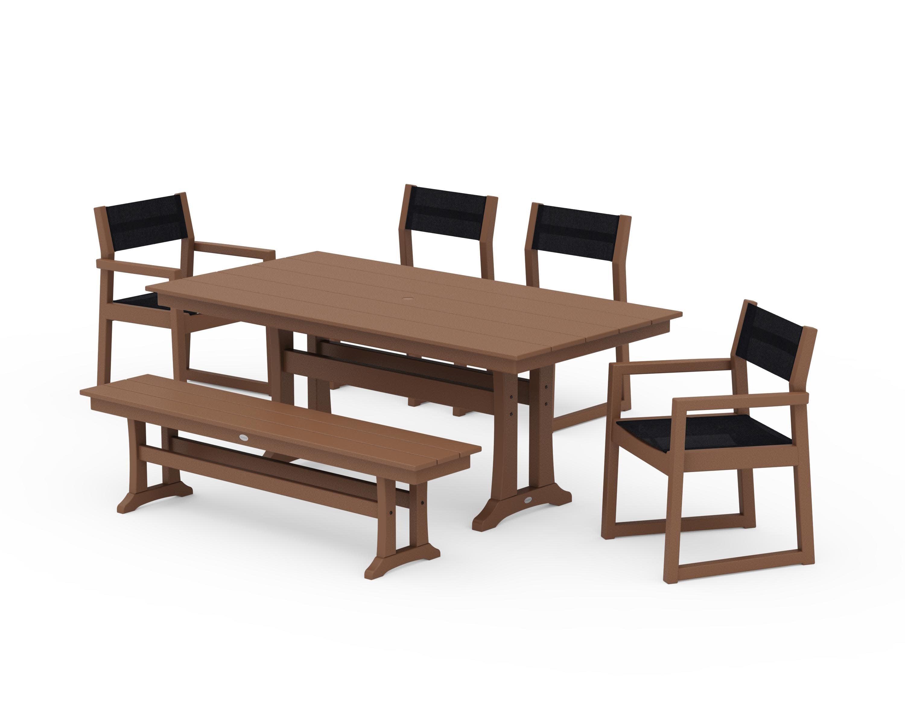 EDGE Sling 6-Piece Farmhouse Dining Set With Trestle Legs in Teak / Black Sling