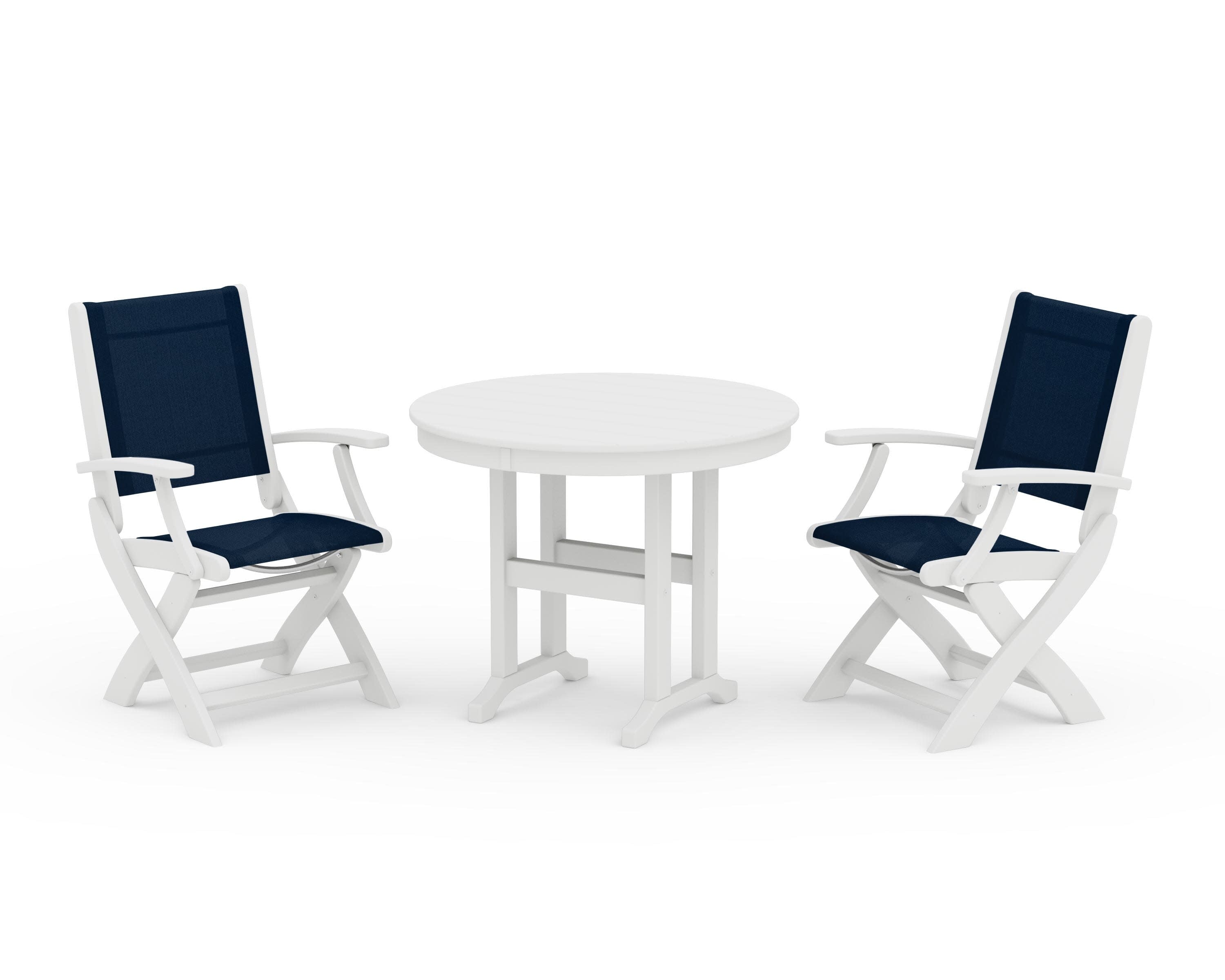 Coastal Folding Chair 3-Piece Round Dining Set in White / Navy Blue Sling