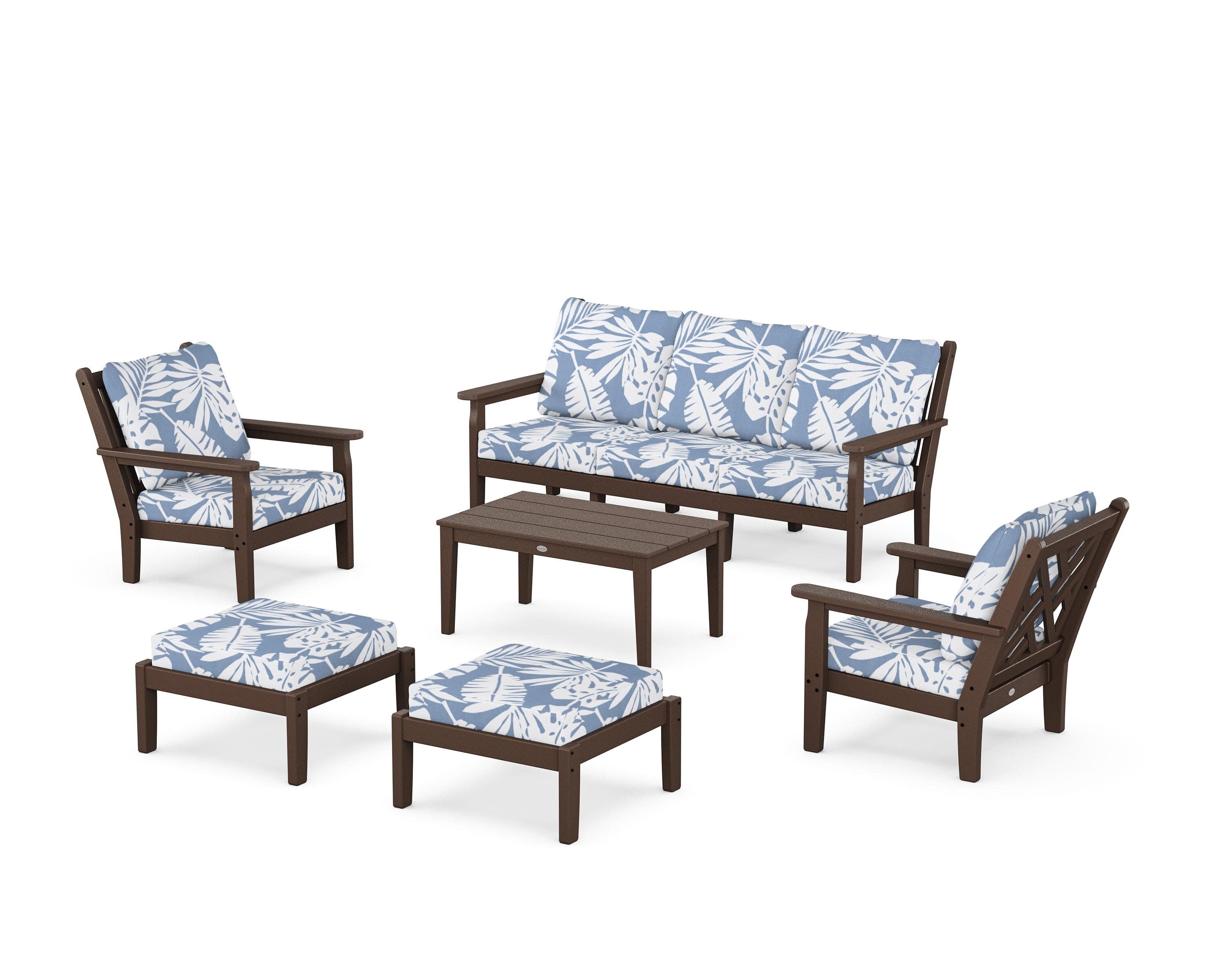 Chippendale 6-Piece Lounge Sofa Set in Mahogany / Leaf Sky Blue