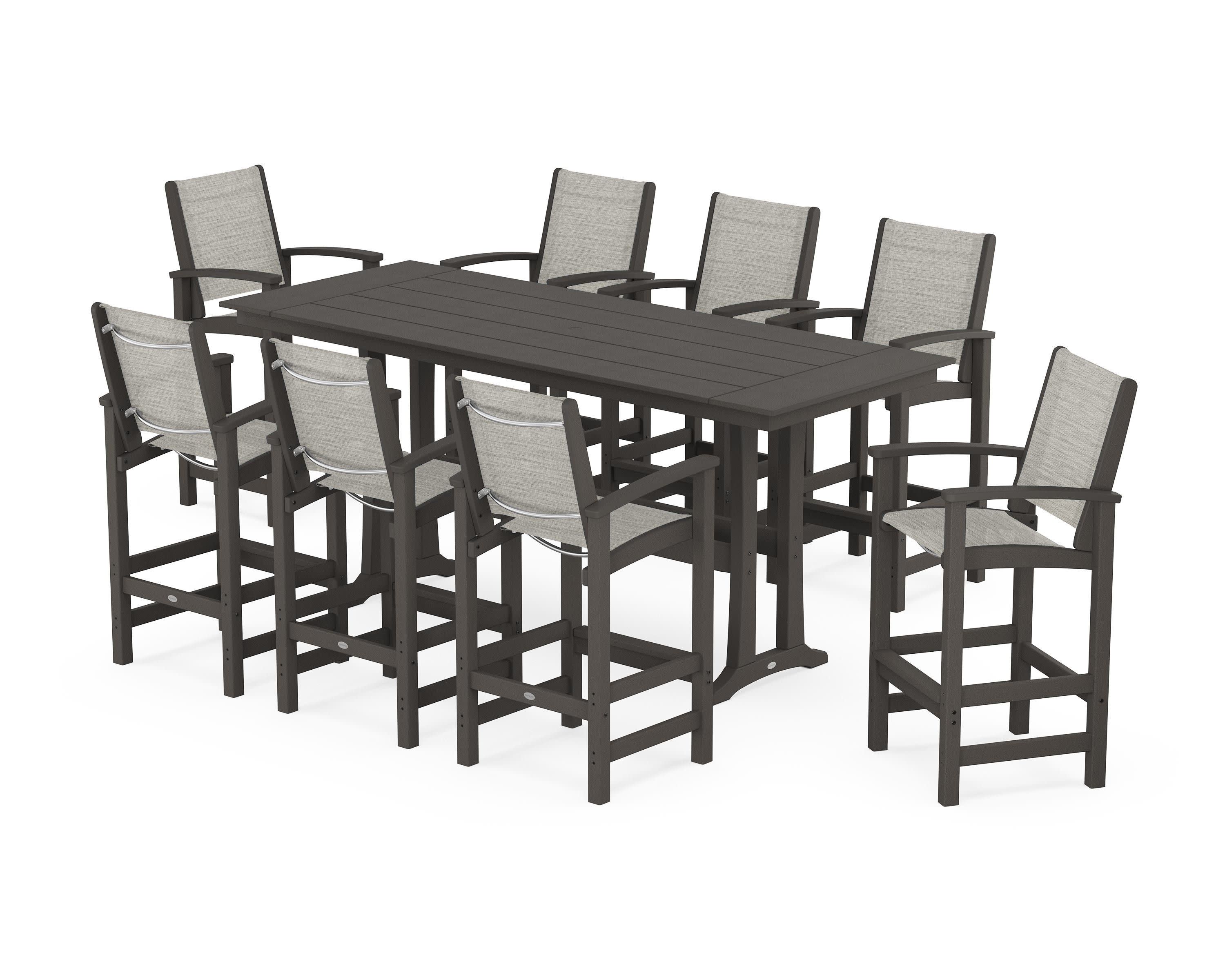 Coastal 9-Piece Farmhouse Bar Set with Trestle Legs in Vintage Coffee / Birch Sling