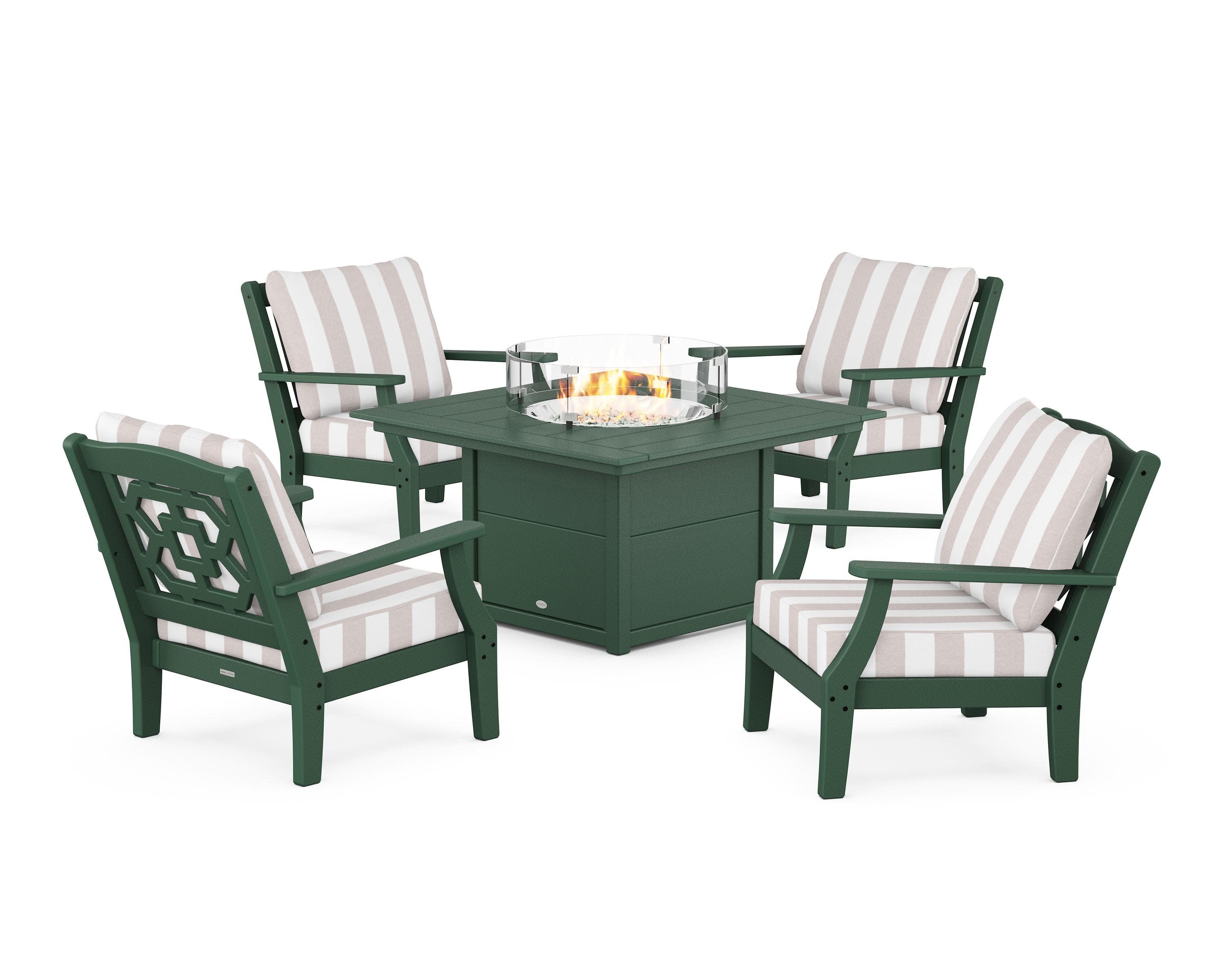 Chinoiserie 5-Piece Deep Seating Set with Fire Pit Table in Green / Cabana Stripe Dune Burlap
