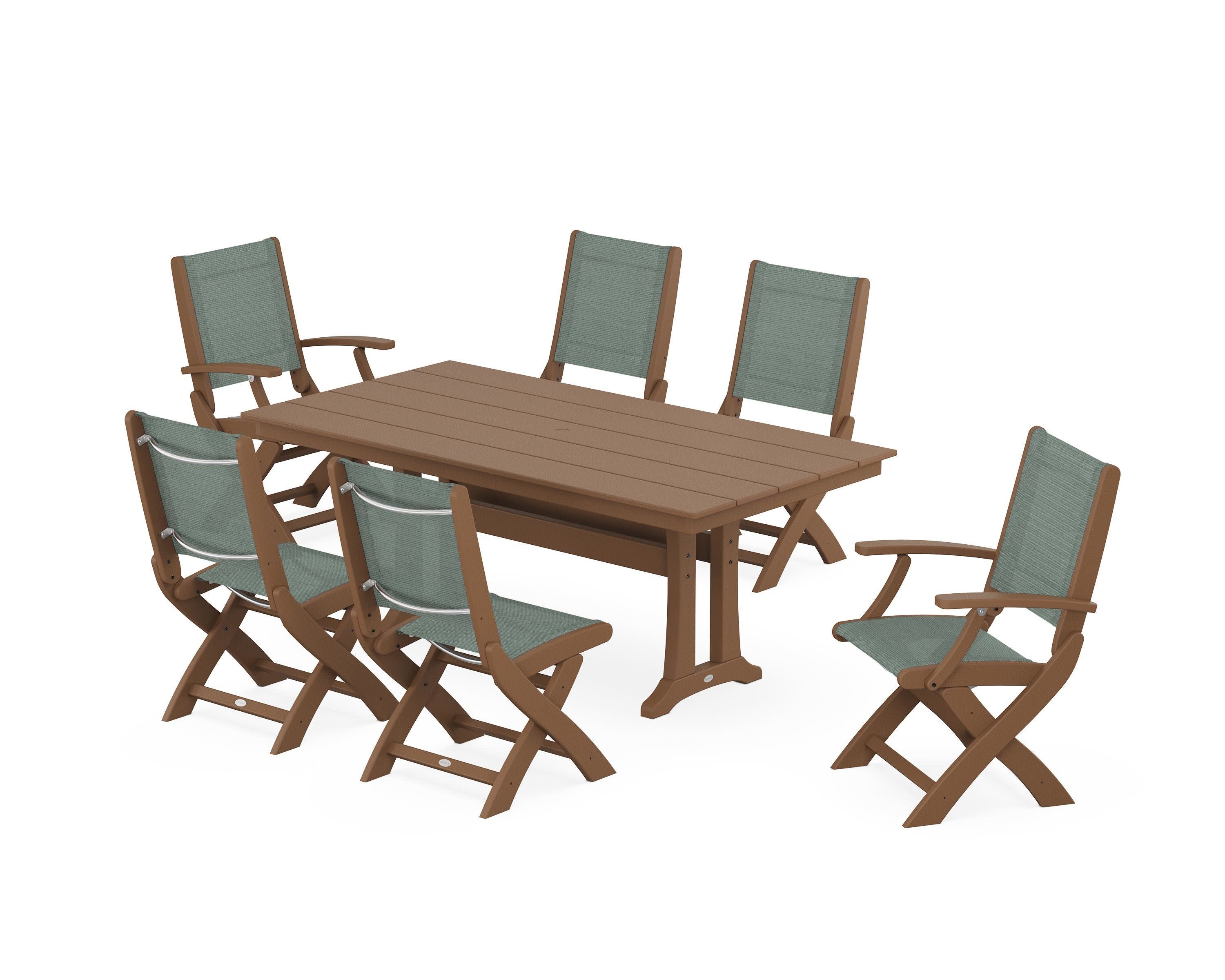 Coastal Folding Chair 7-Piece Farmhouse Dining Set with Trestle Legs in Teak / Dupioni Sea Mist Sling