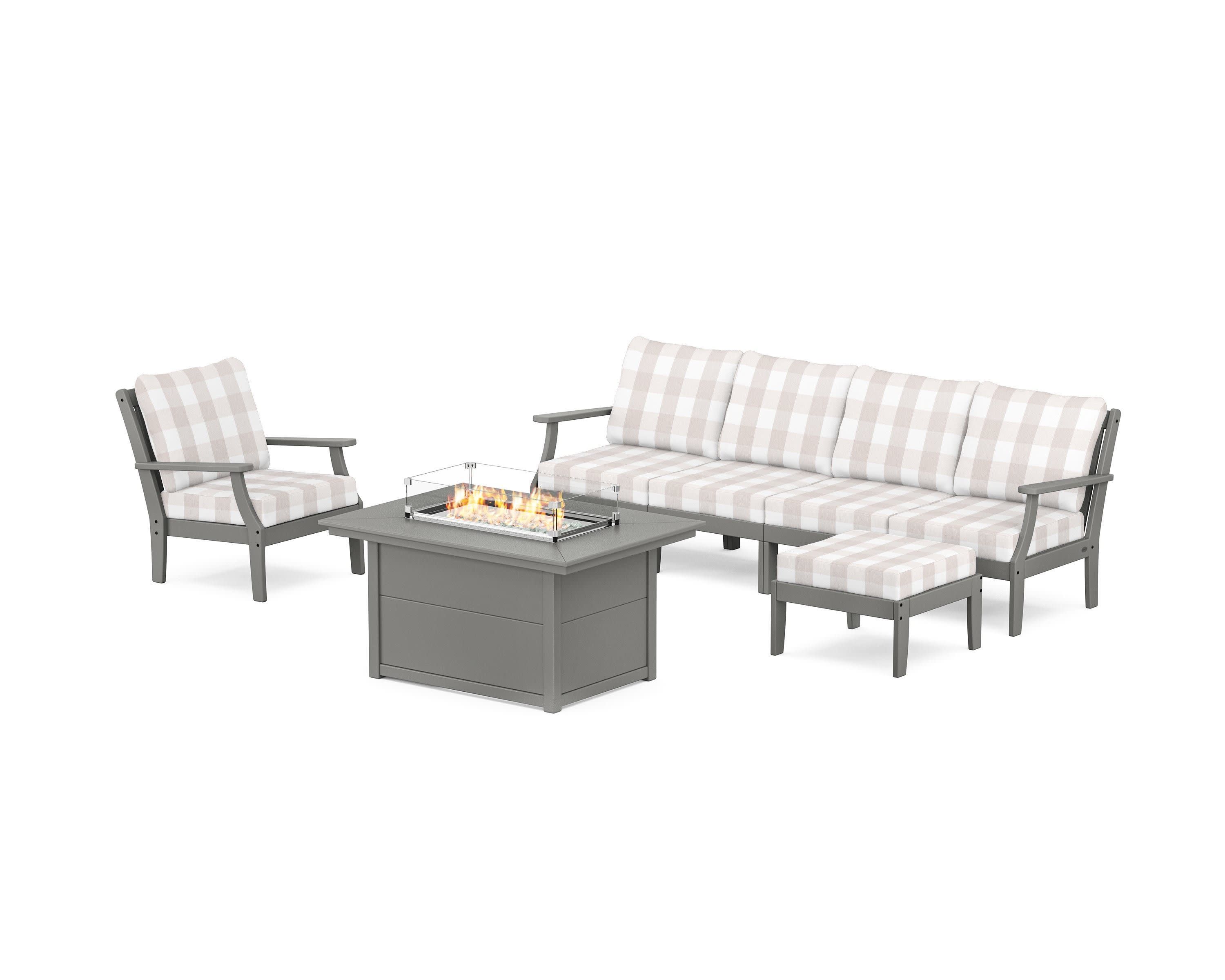 Braxton Sectional Lounge and Fire Pit Set in Slate Grey / Buffalo Plaid Dune Burlap