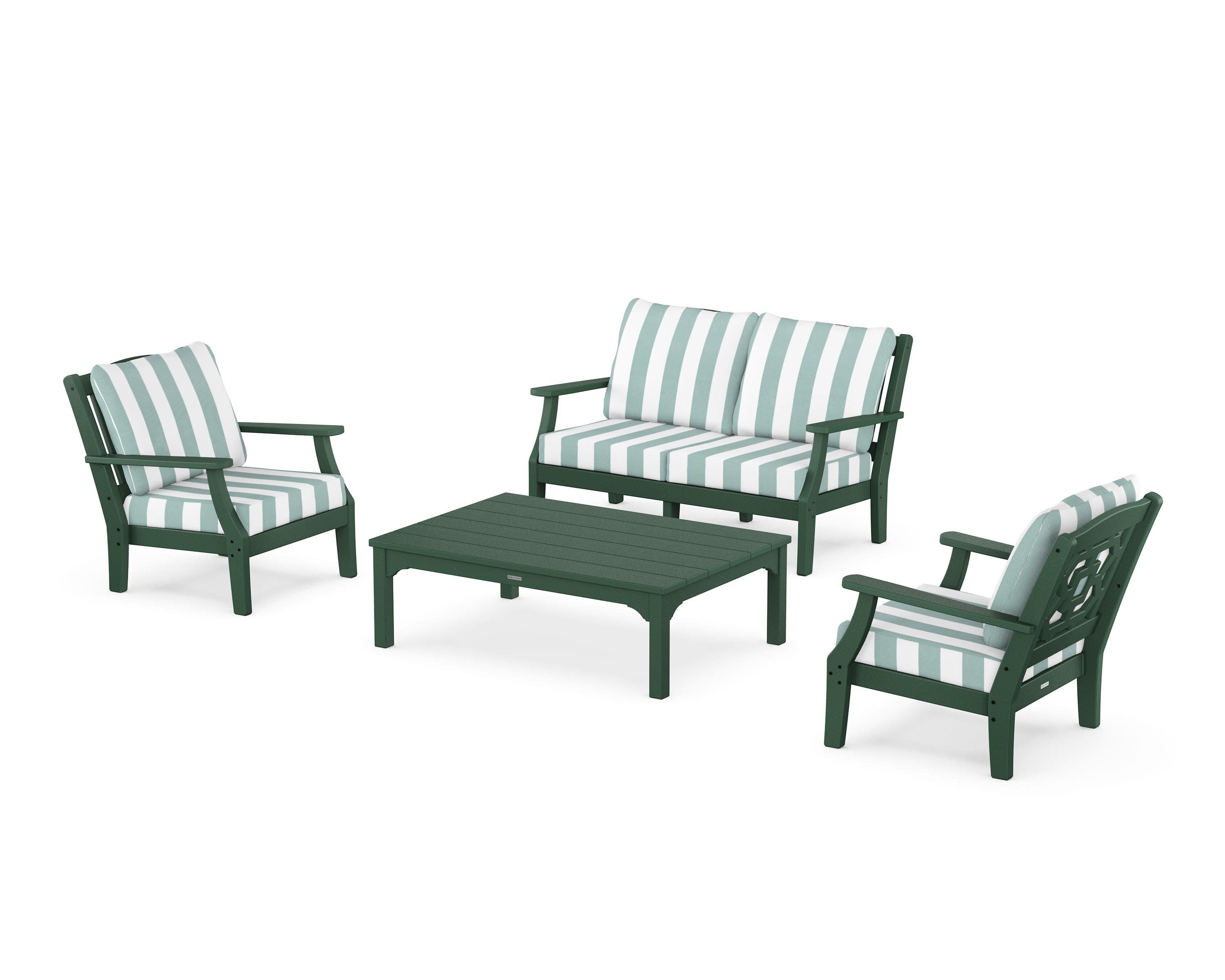 Chinoiserie 4-Piece Deep Seating Set with Loveseat in Green / Cabana Stripe Glacier Spa