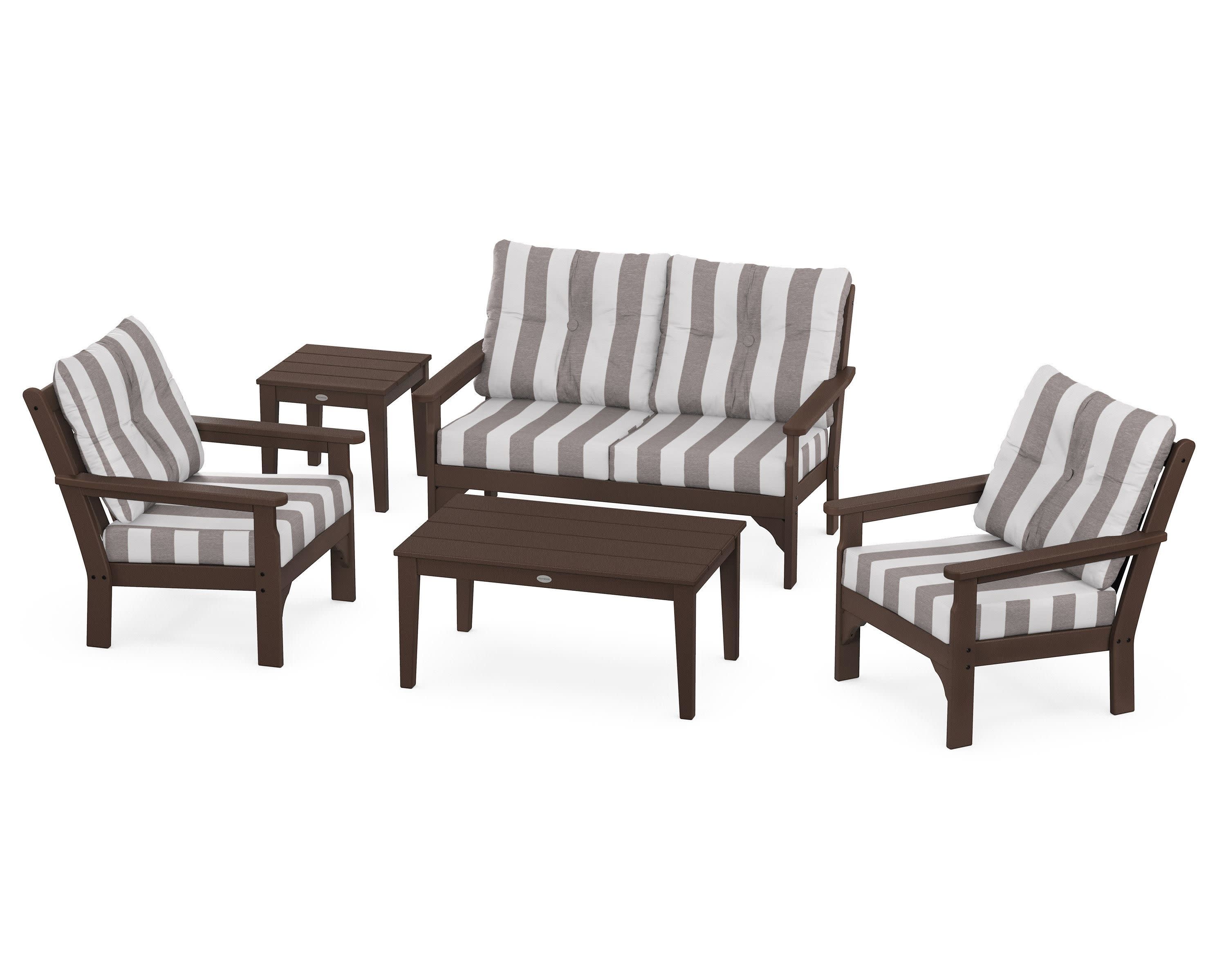 Vineyard 5-Piece Deep Seating Set in Mahogany / Cabana Stripe Grey Mist
