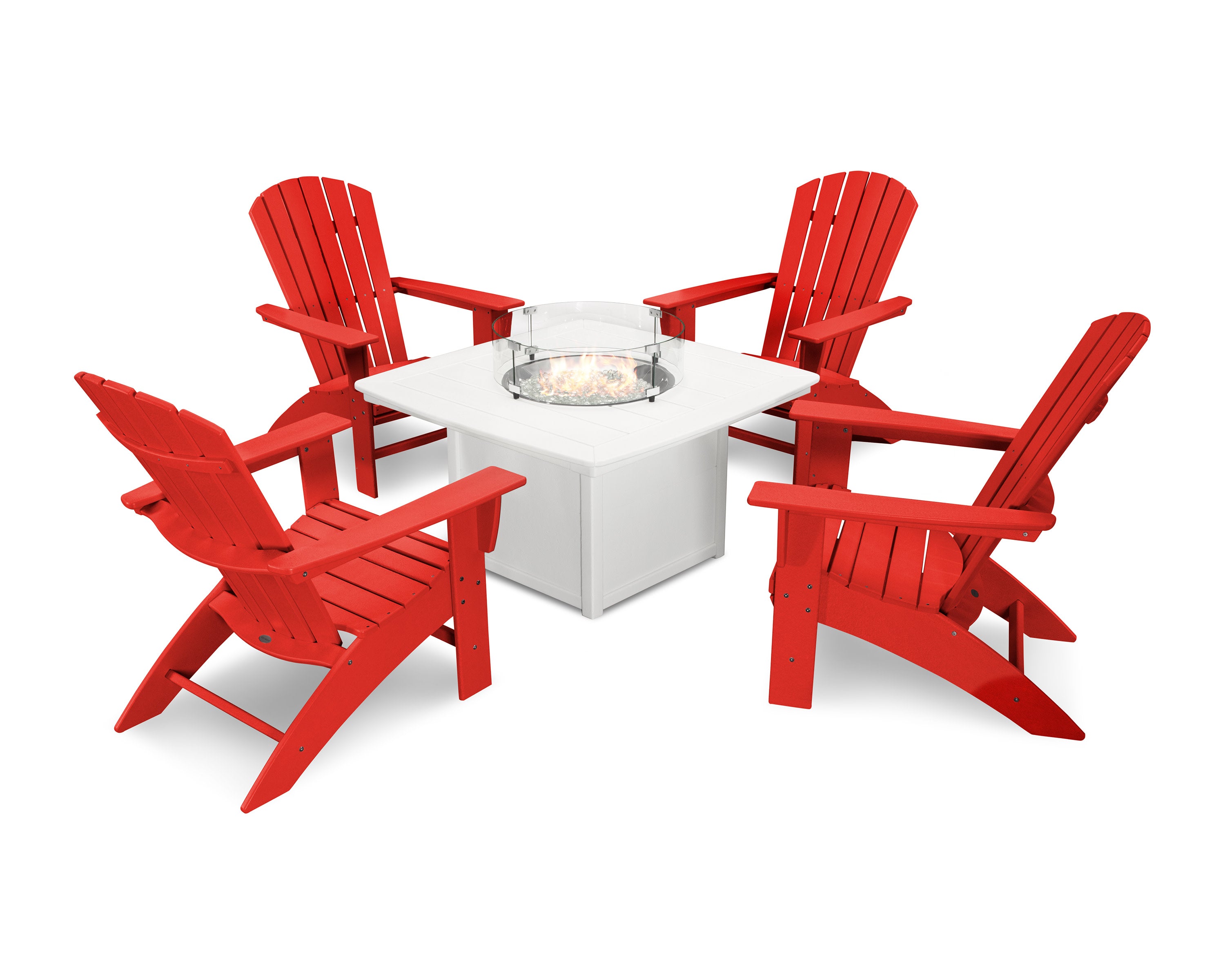 Nautical Curveback Adirondack 5-Piece Conversation Set with Fire Pit Table in Sunset Red / White