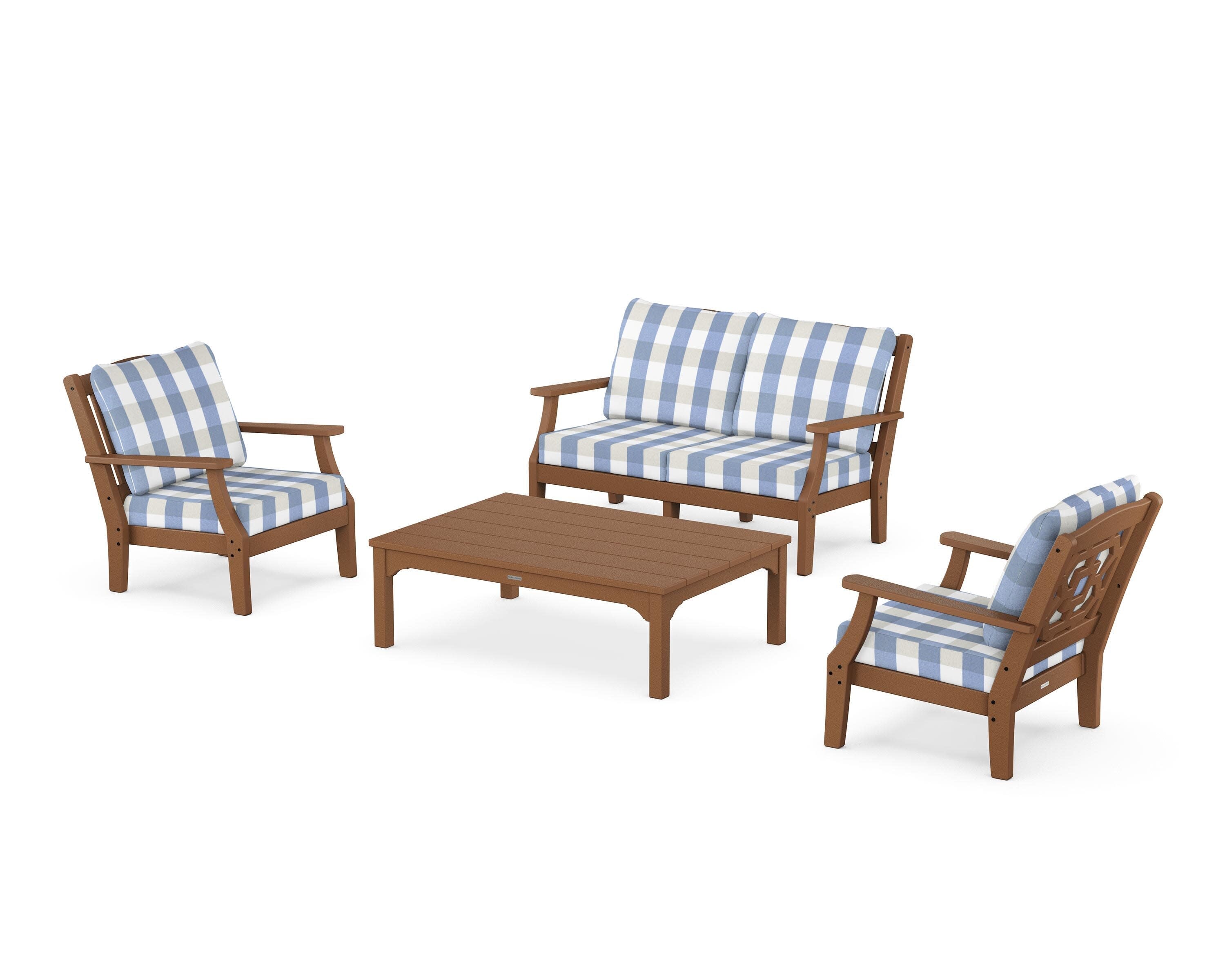 Chinoiserie 4-Piece Deep Seating Set with Loveseat in Teak / Buffalo Plaid Sky Blue