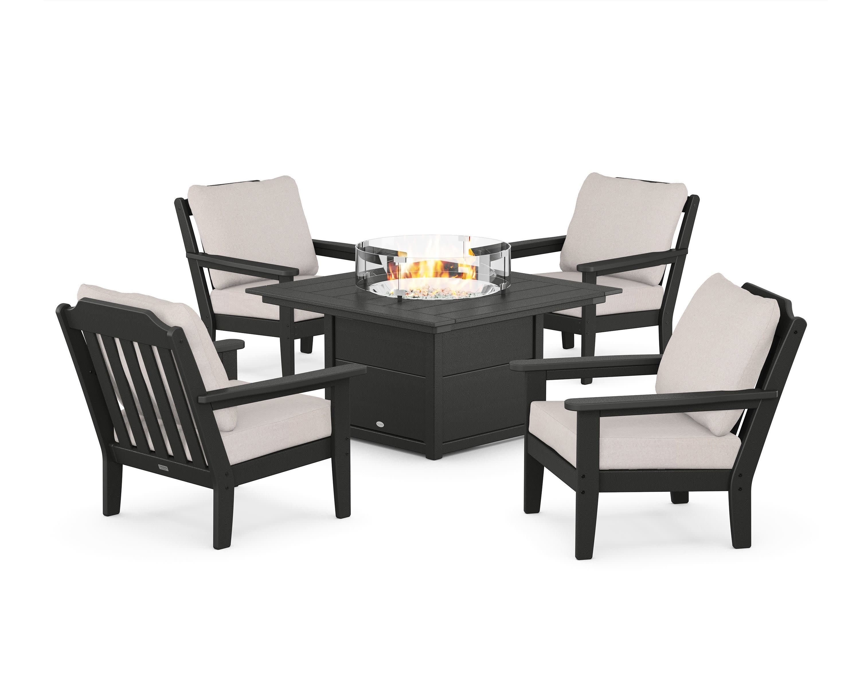 Cottage 5-Piece Deep Seating Set with Fire Pit Table in Black / Dune Burlap