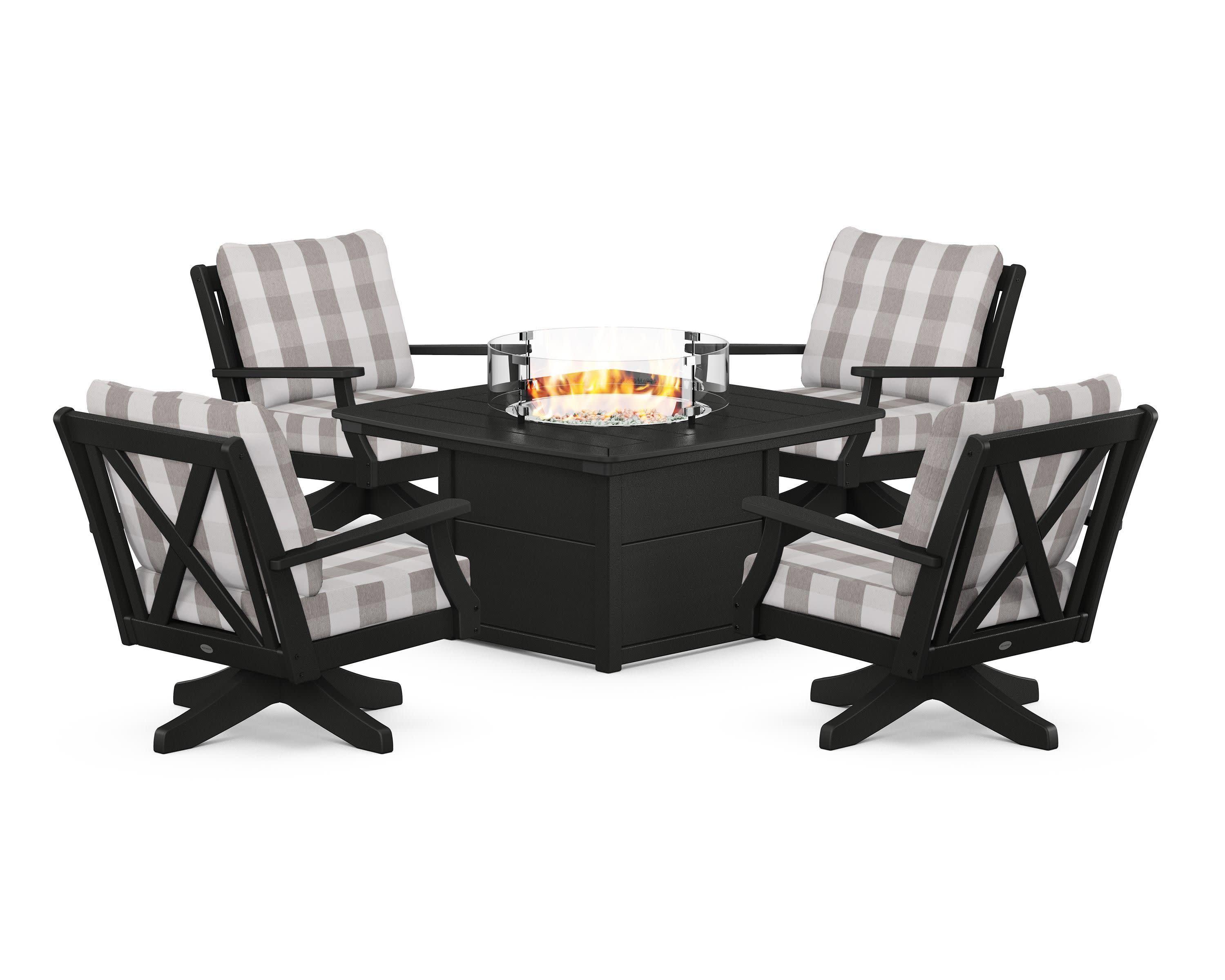 Braxton 5-Piece Deep Seating Swivel Conversation Set with Fire Pit Table in Black / Buffalo Plaid Grey Mist