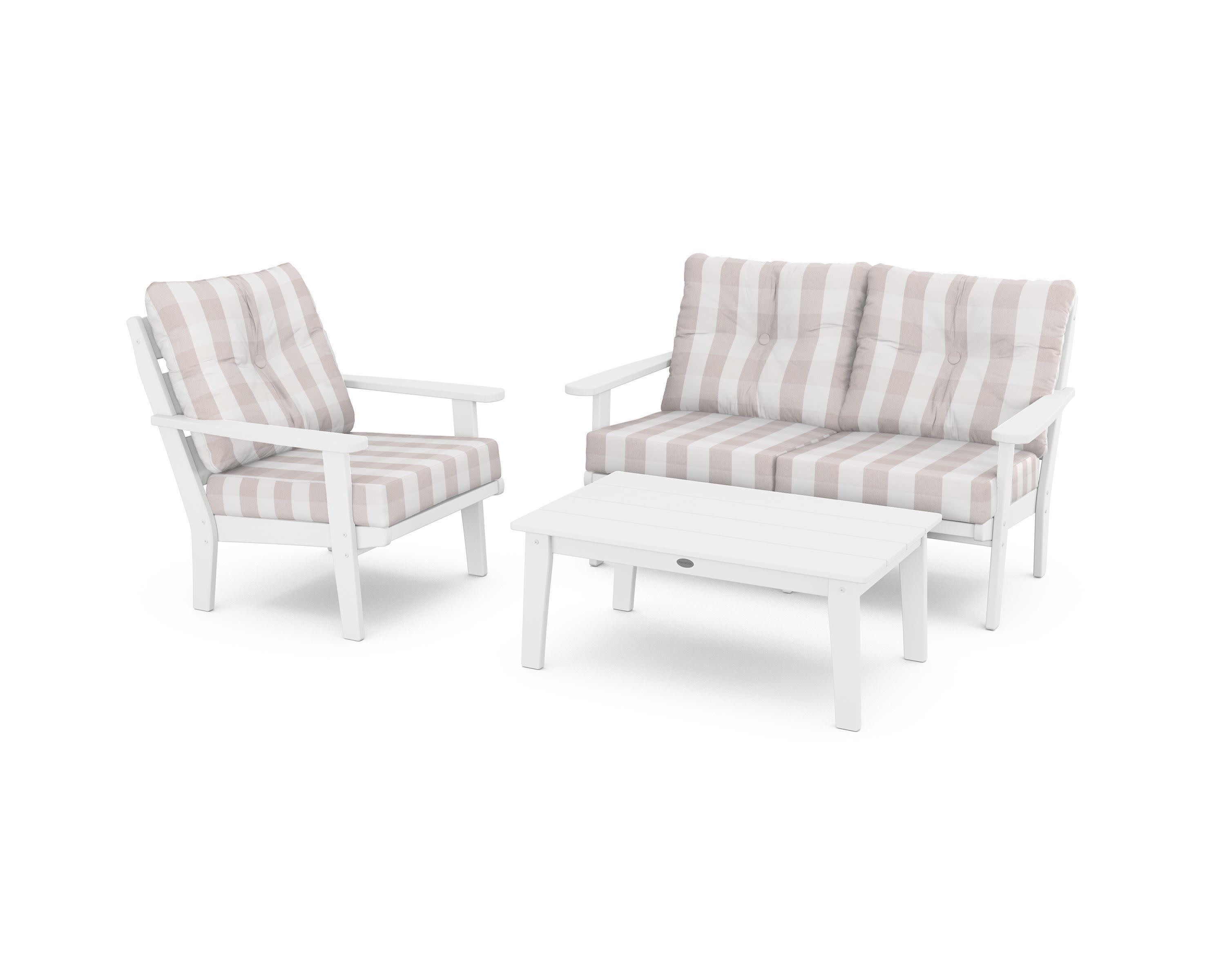 Lakeside 3-Piece Deep Seating Set in White / Buffalo Plaid Dune Burlap