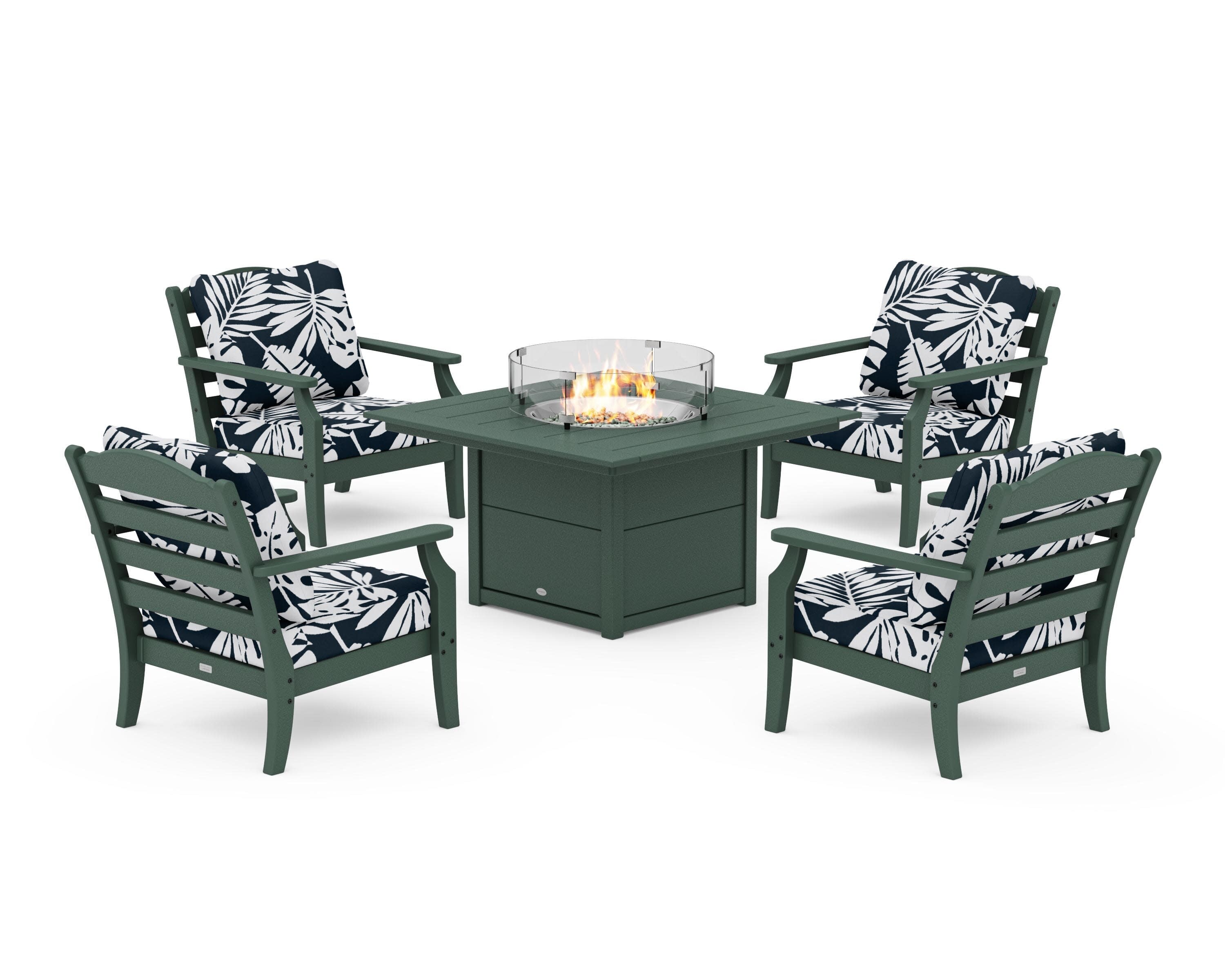 Savannah 5-Piece Deep Seating Set with Fire Pit Table in Green / Leaf Marine Indigo