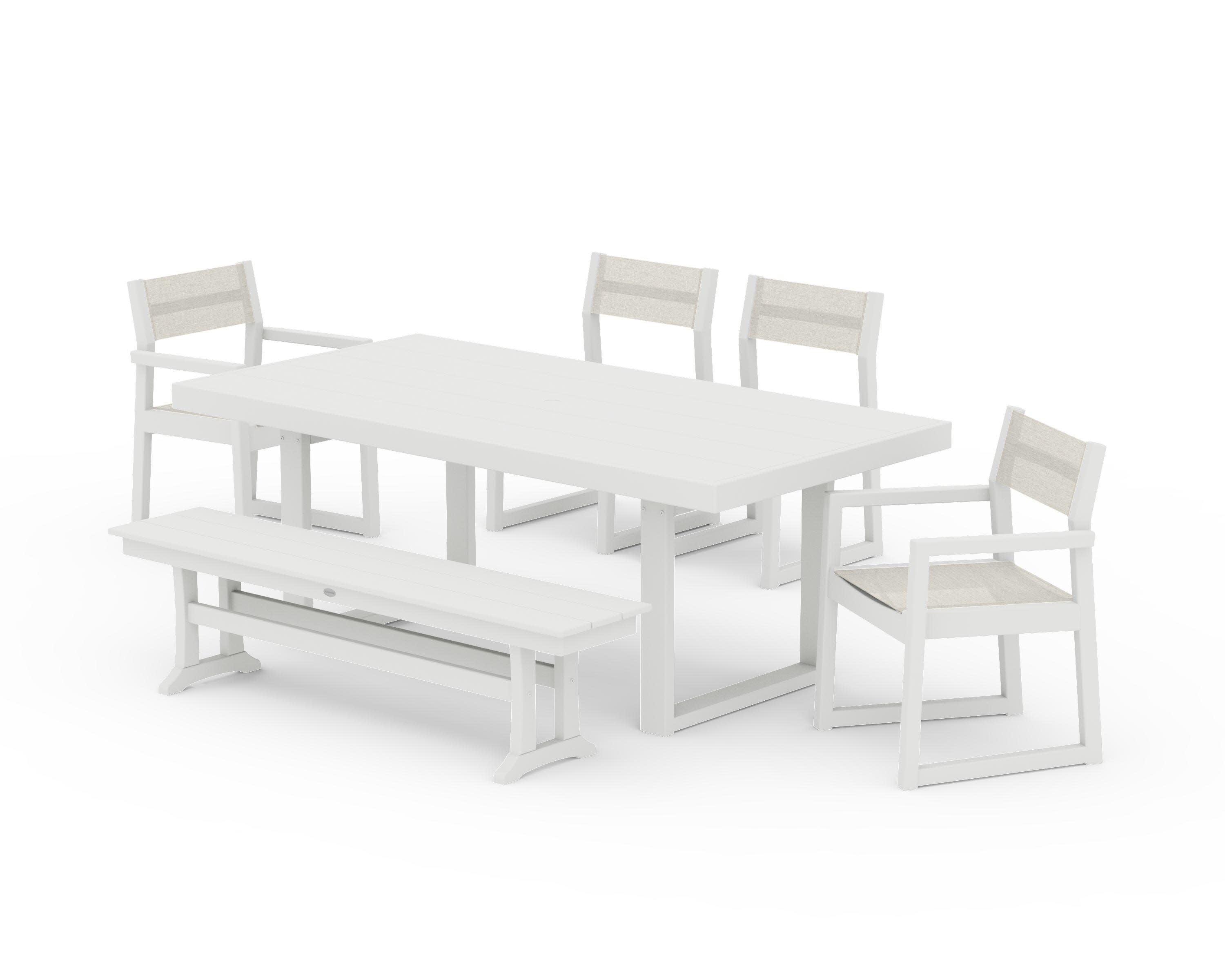 EDGE Sling 6-Piece Dining Set with Bench in Vintage White / Parchment Sling