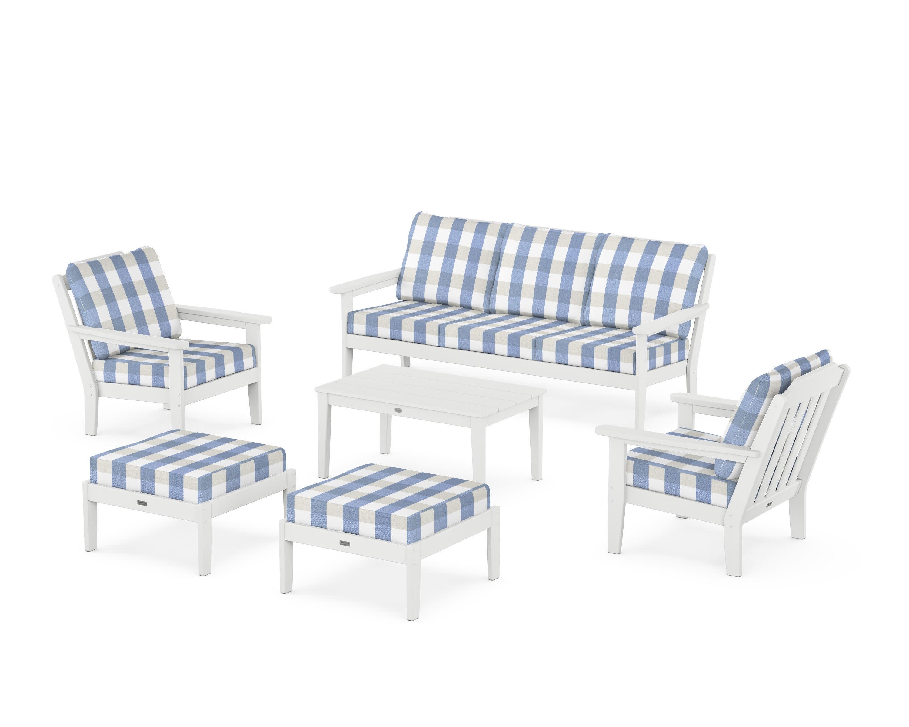Cottage 6-Piece Lounge Sofa Set in White / Buffalo Plaid Sky Blue
