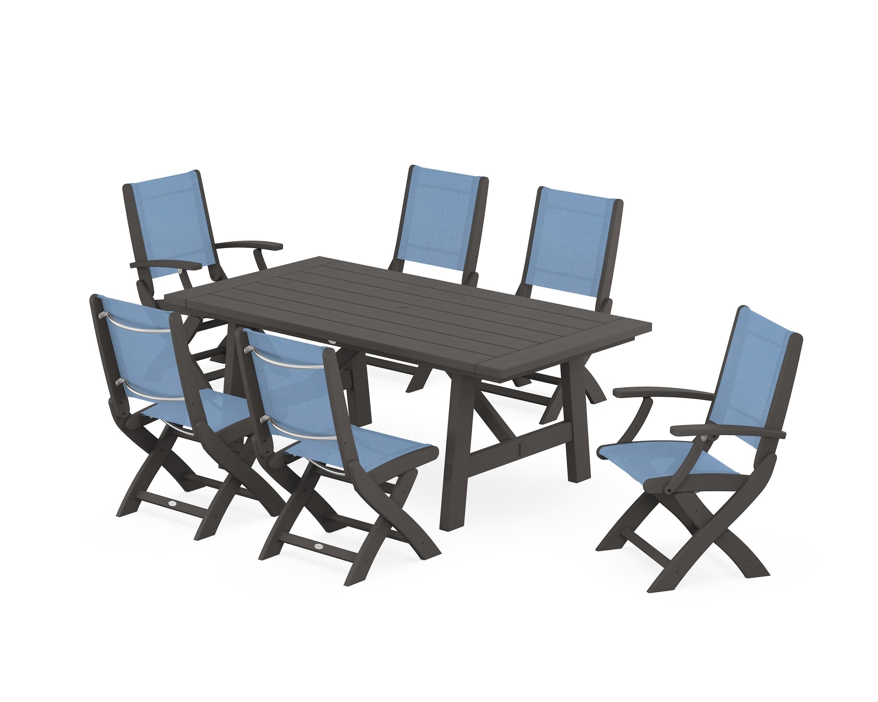 Coastal Folding Chair 7-Piece Rustic Farmhouse Dining Set in Vintage Coffee / Poolside Sling