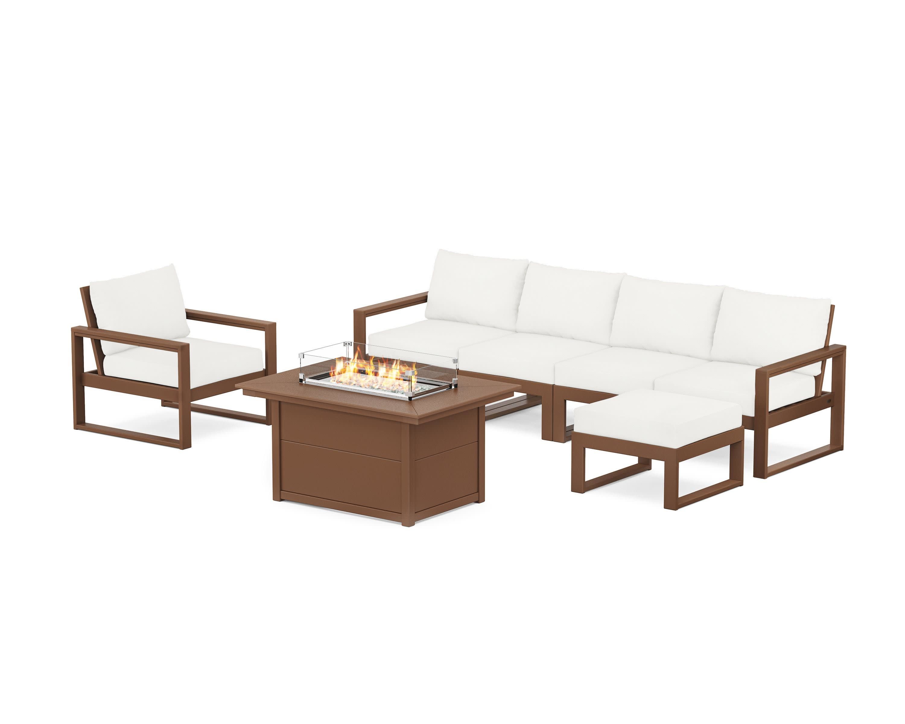 EDGE Sectional Lounge and Fire Pit Set in Teak / Natural Linen