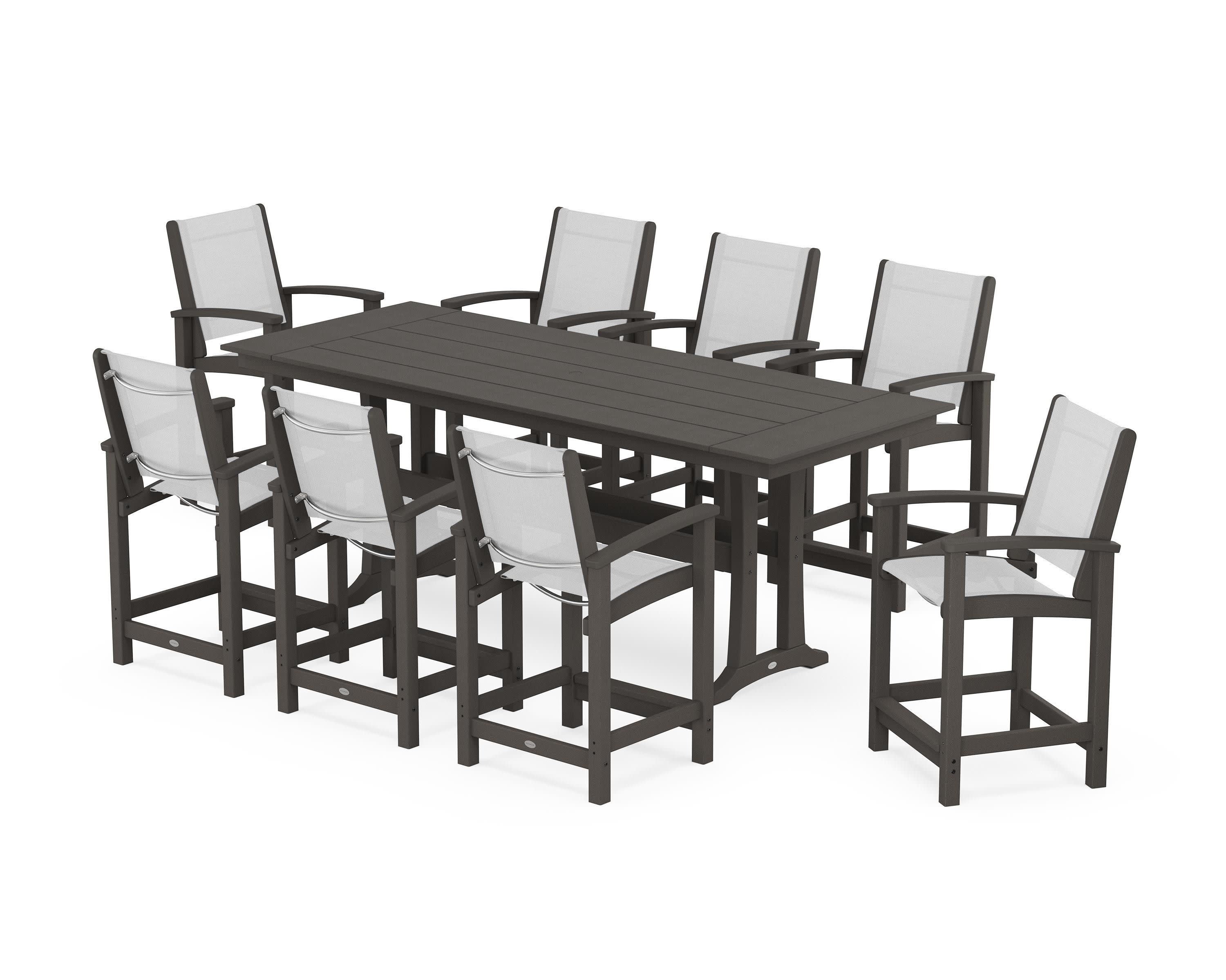 Coastal 9-Piece Farmhouse Counter Set with Trestle Legs in Vintage Coffee / White Sling