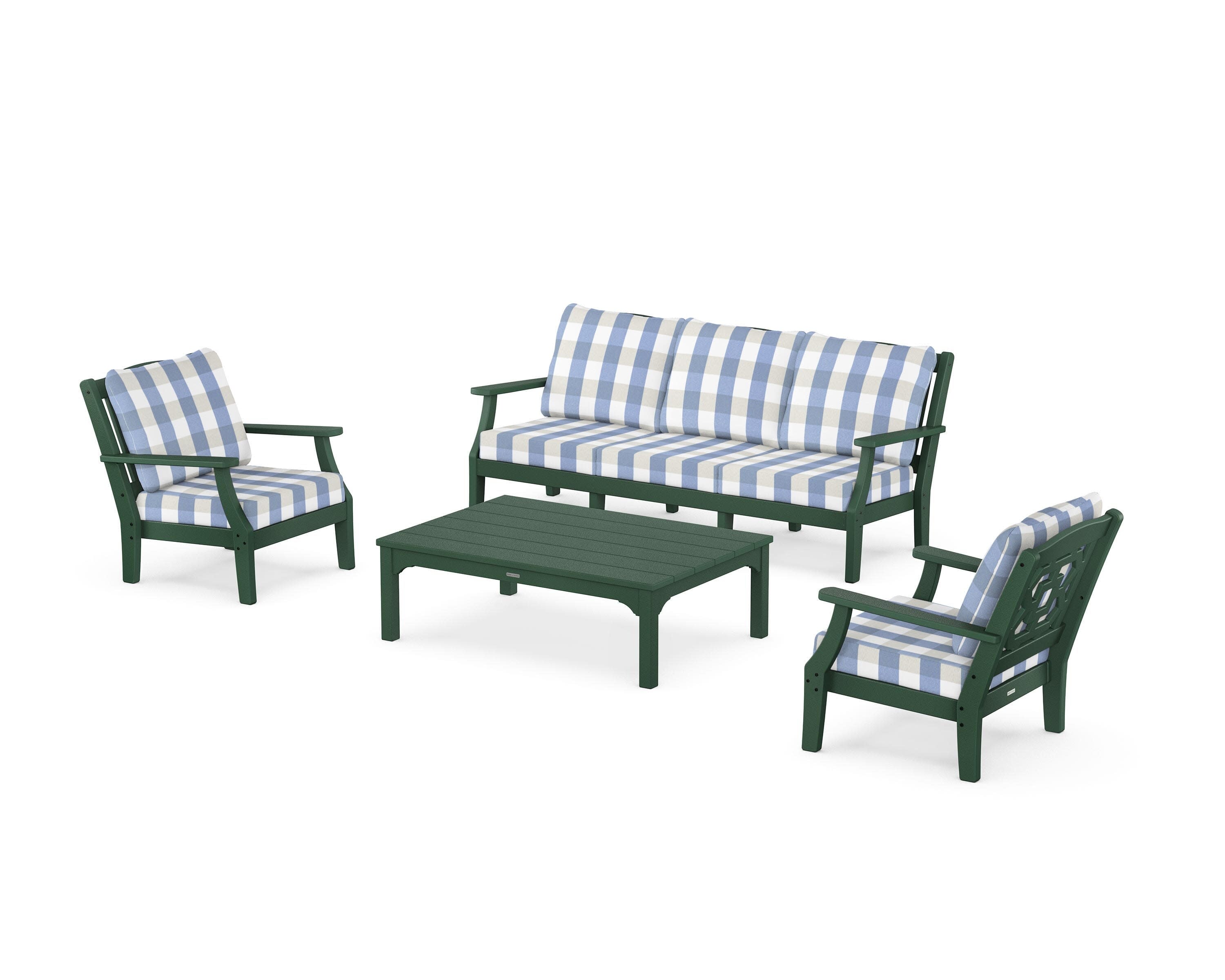 Chinoiserie 4-Piece Deep Seating Set with Sofa in Green / Buffalo Plaid Sky Blue