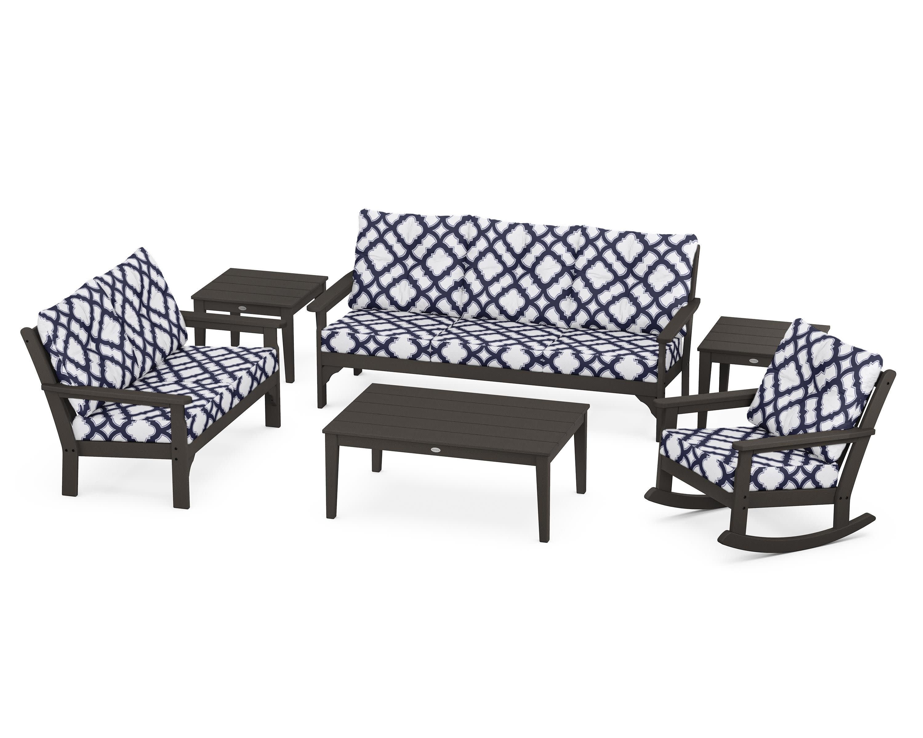 Vineyard 6-Piece Deep Seating Set in Vintage Coffee / Trellis Navy
