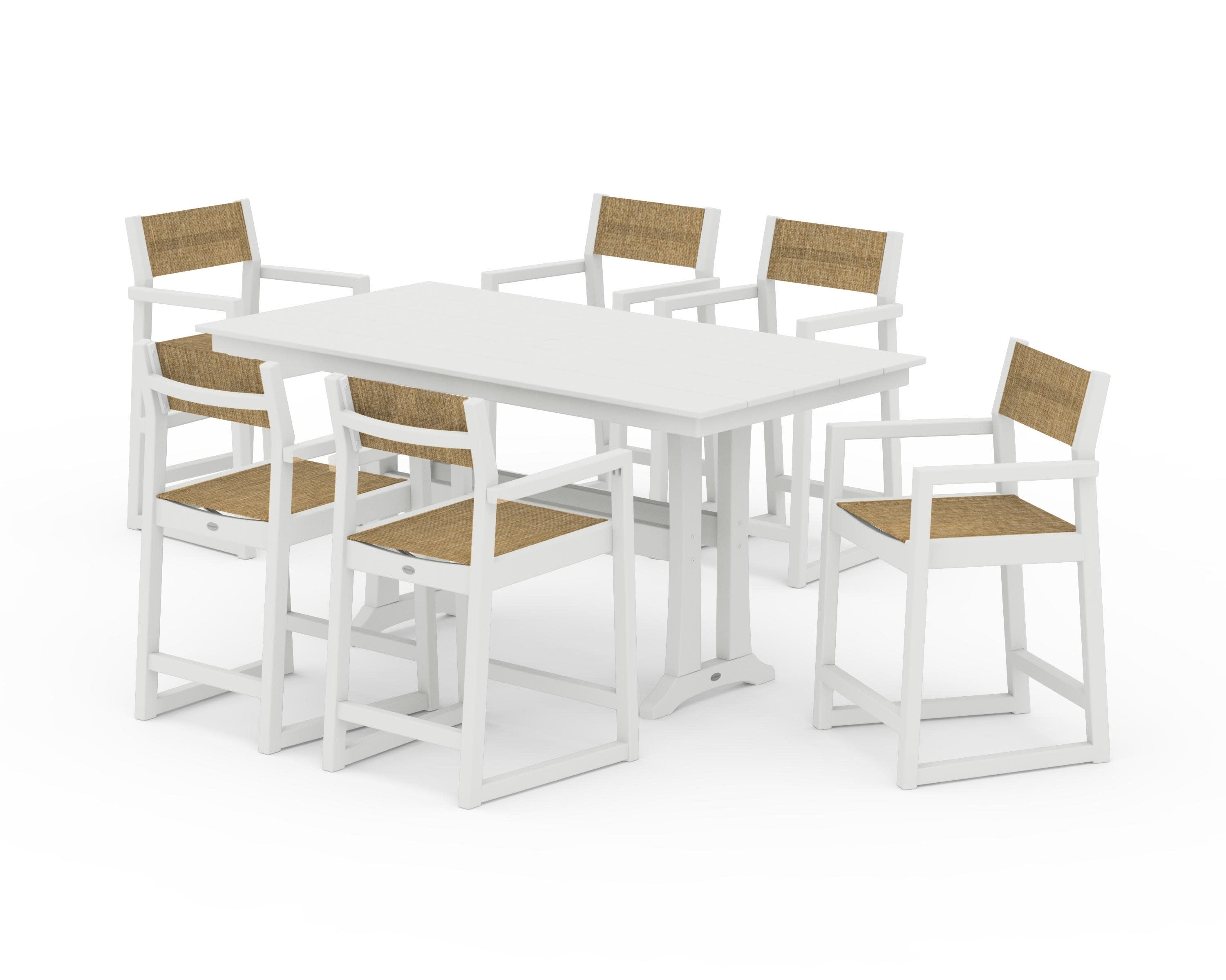 EDGE Sling Arm Chair 7-Piece Farmhouse Counter Set with Trestle Legs in Vintage White / Burlap Sling