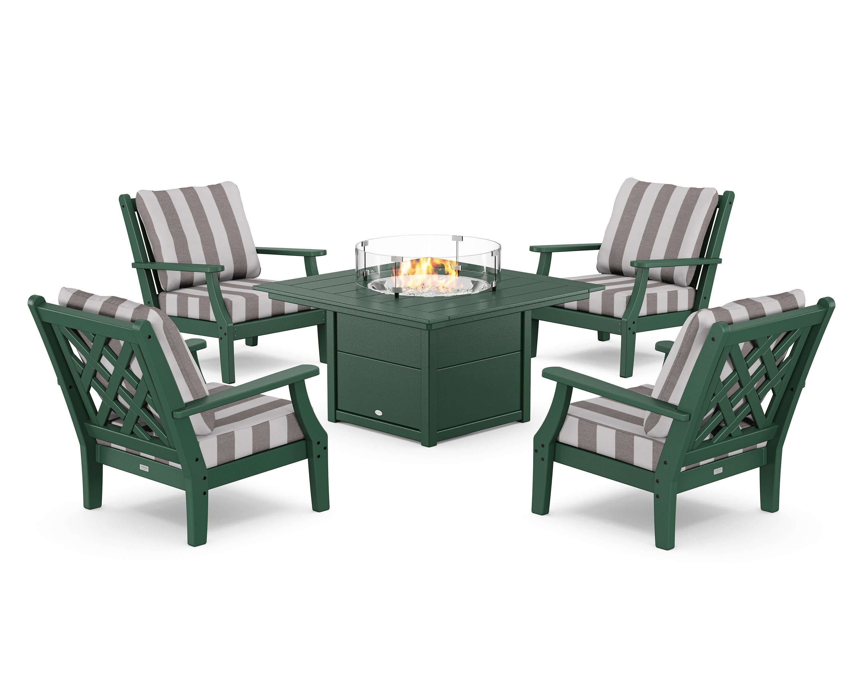 Wovendale 5-Piece Deep Seating Set with Fire Pit Table in Green / Cabana Stripe Grey Mist