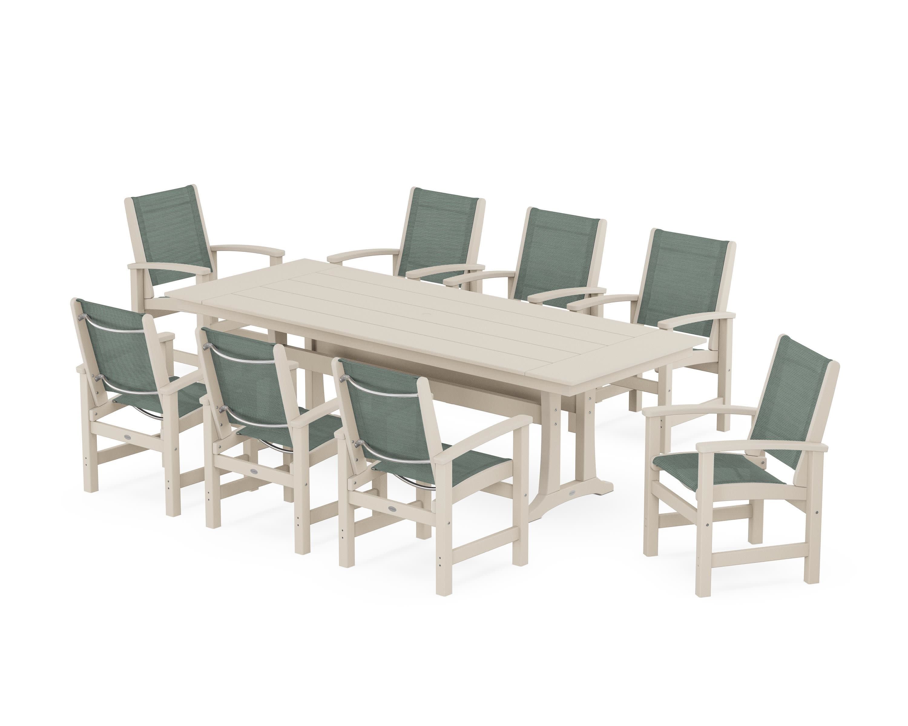 Coastal 9-Piece Farmhouse Dining Set with Trestle Legs in Sand / Dupioni Sea Mist Sling