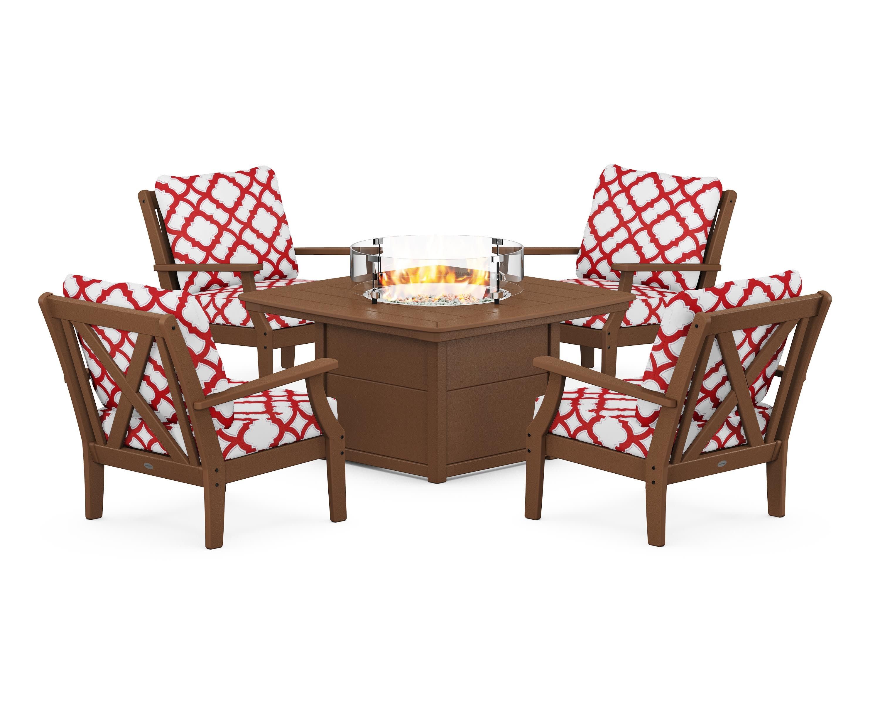 Braxton 5-Piece Deep Seating Conversation Set with Fire Pit Table in Teak / Trellis Crimson