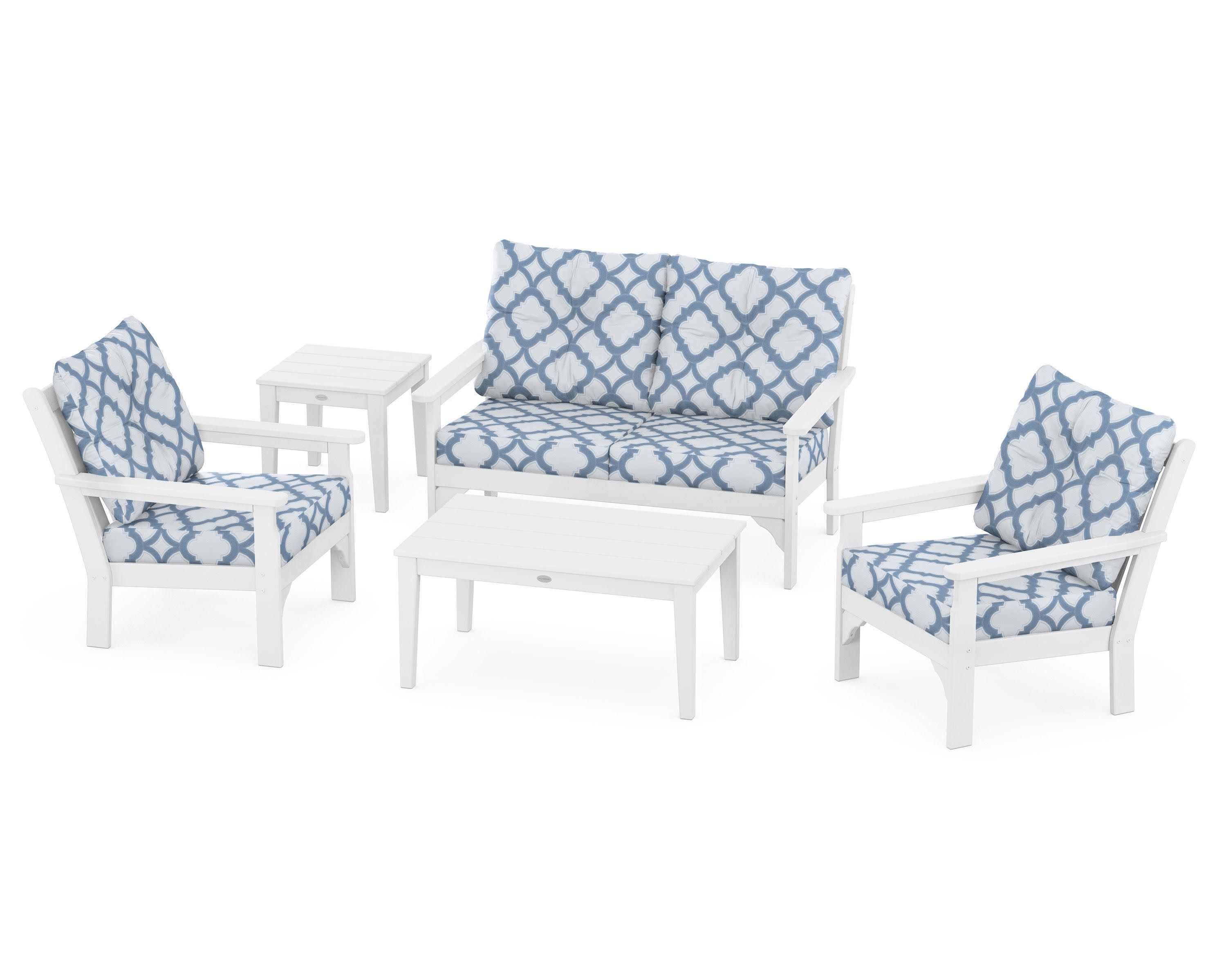 Vineyard 5-Piece Deep Seating Set in White / Trellis Sky Blue