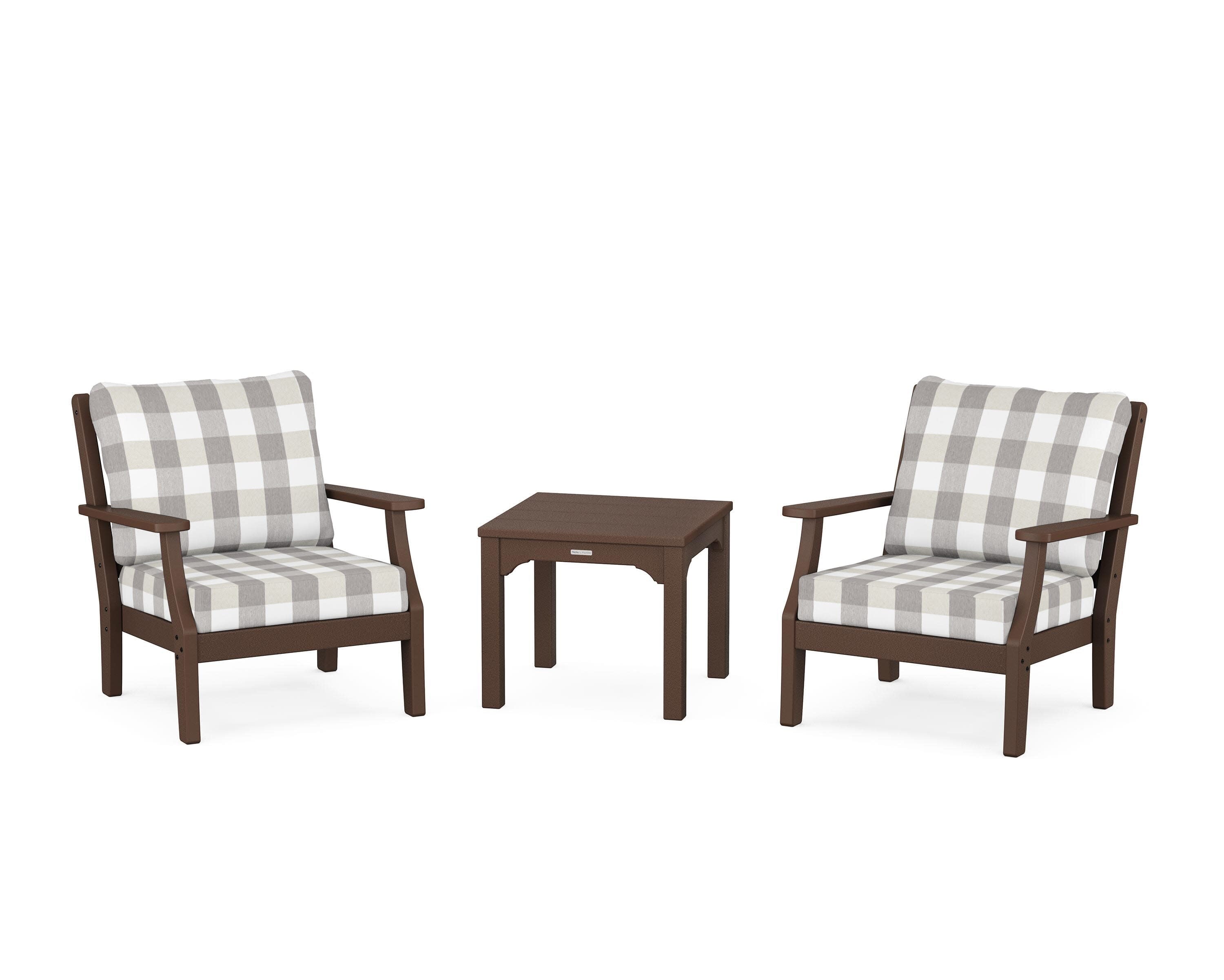 Chinoiserie 3-Piece Deep Seating Set in Mahogany / Buffalo Plaid Grey Mist