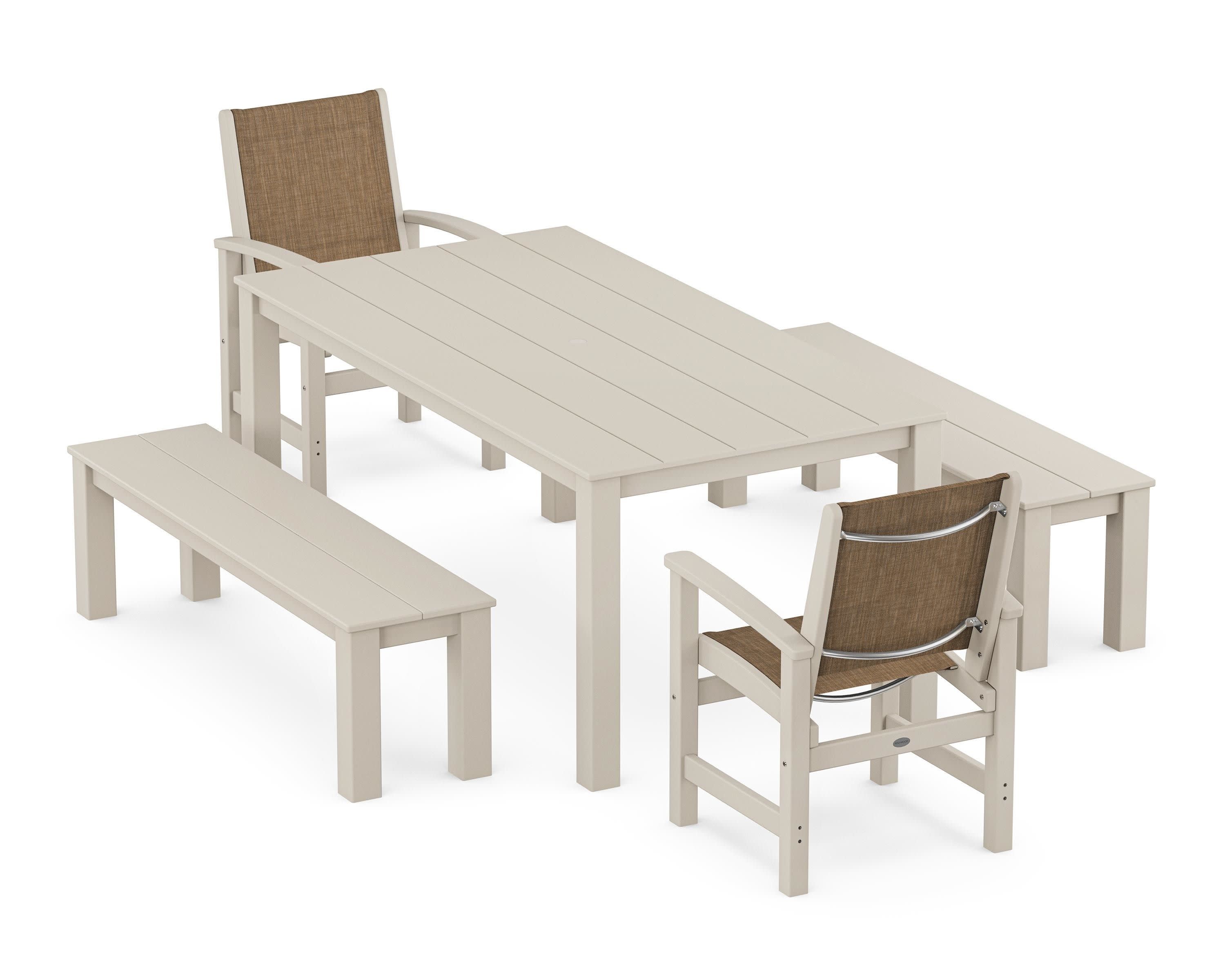 Coastal 5-Piece Parsons Dining Set with Benches in Sand / Burlap Sling