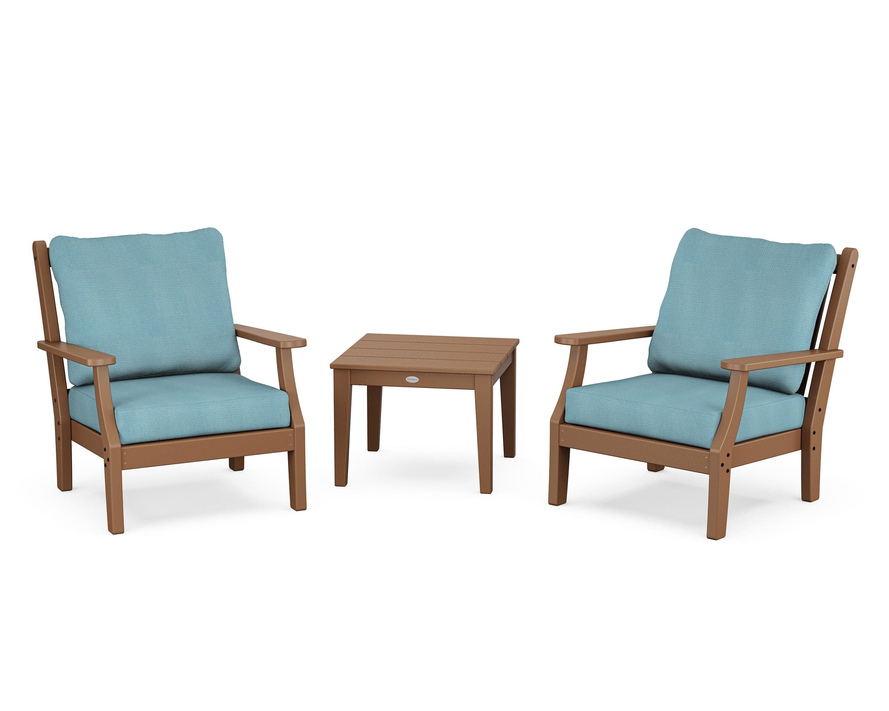 Wovendale 3-Piece Deep Seating Set in Teak / Lattice Sky Blue