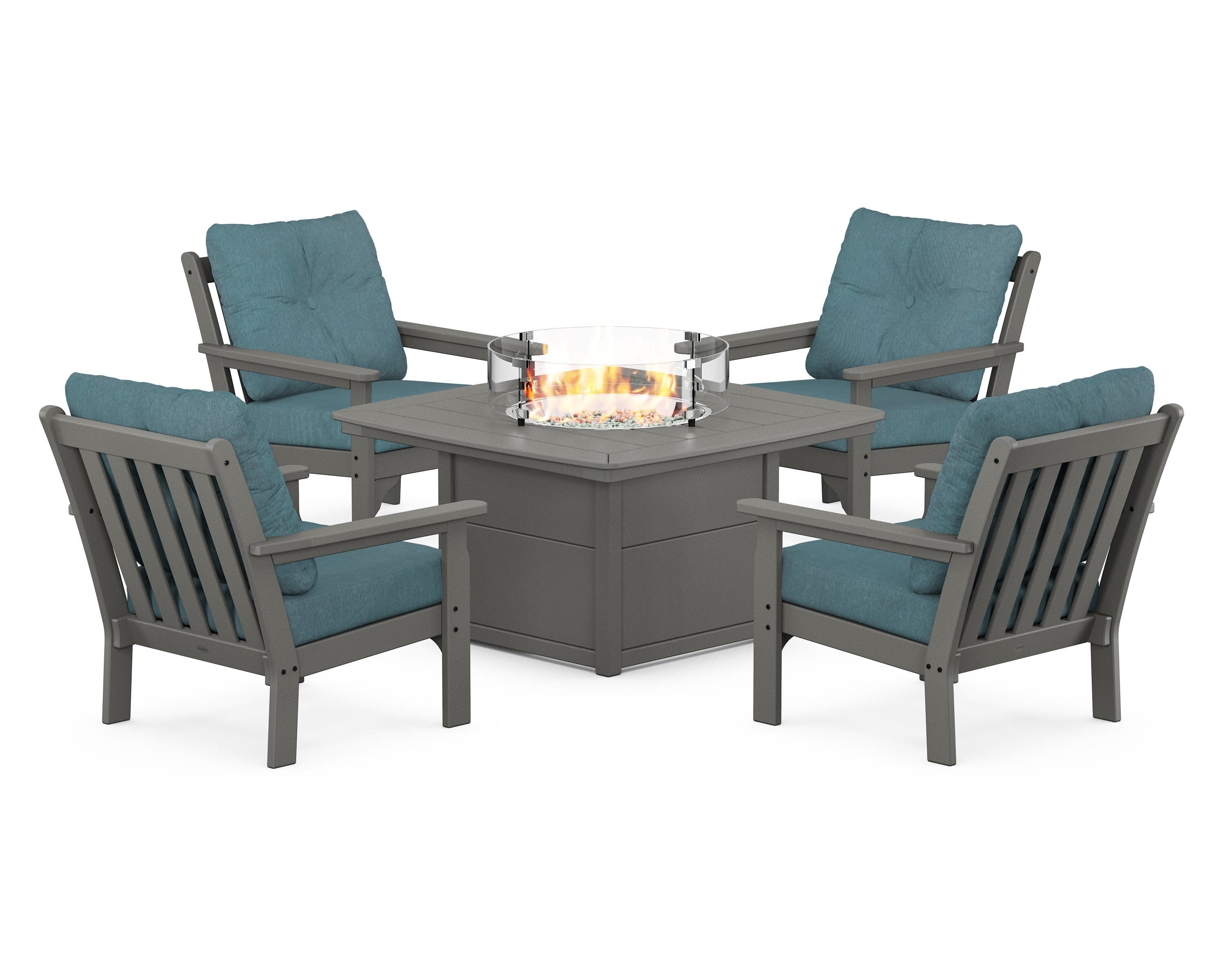 Vineyard 5-Piece Conversation Set with Fire Pit Table in Slate Grey / Ocean Teal