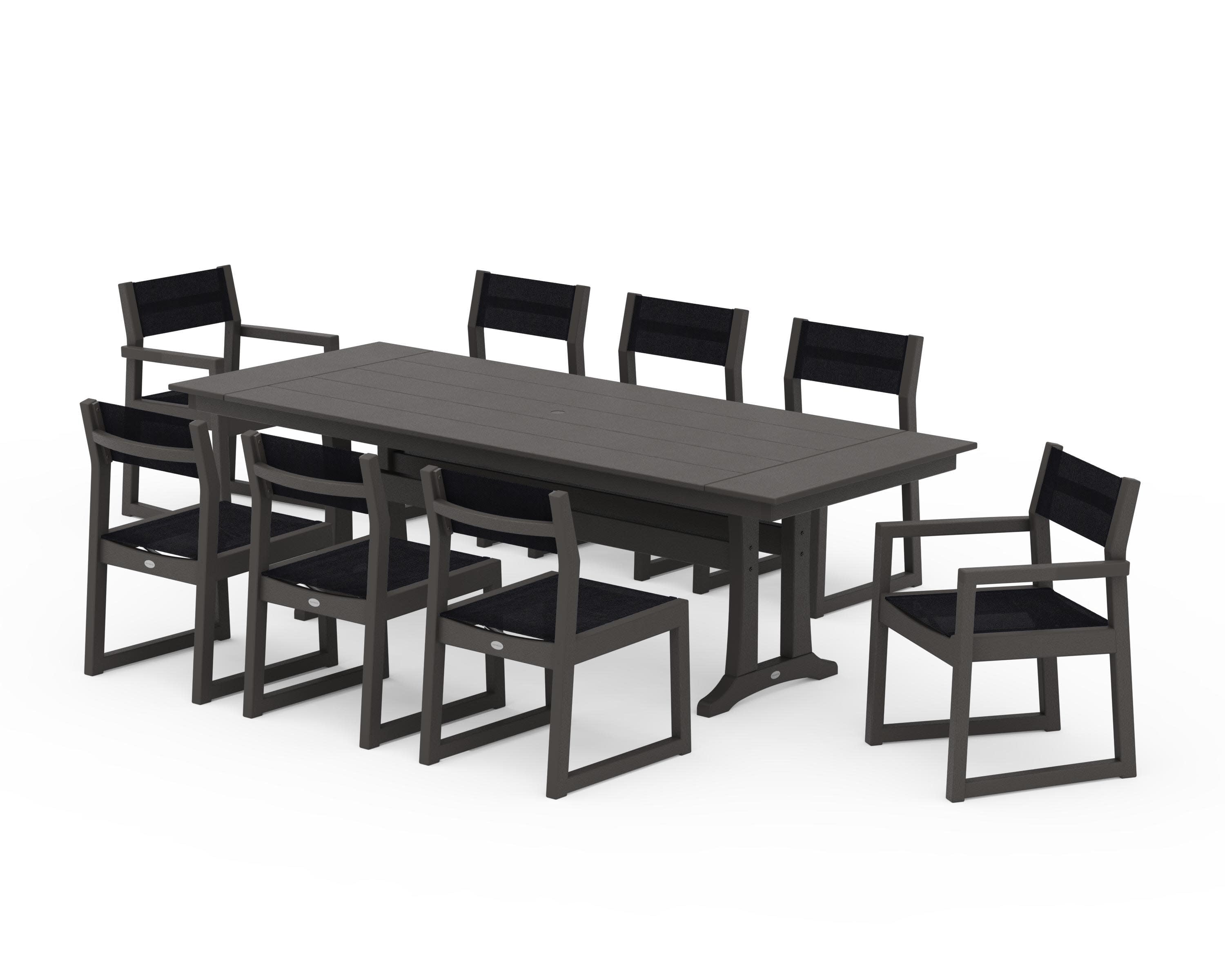 EDGE Sling 9-Piece Farmhouse Trestle Dining Set in Vintage Coffee / Black Sling